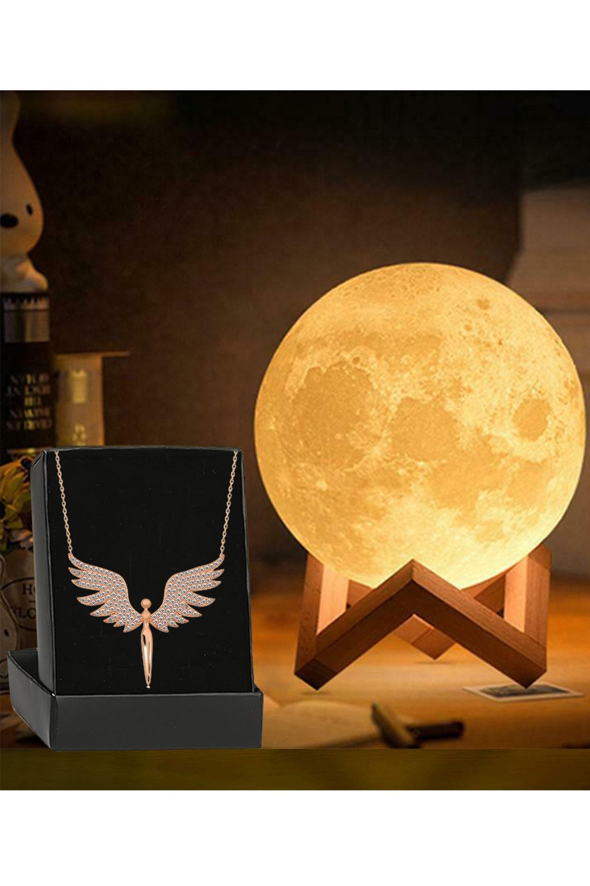 Zemtigo 3d Ahşap Standlı Ay Gece Lambası Dekoratif Küre Led Ve Gold Melek Kolye