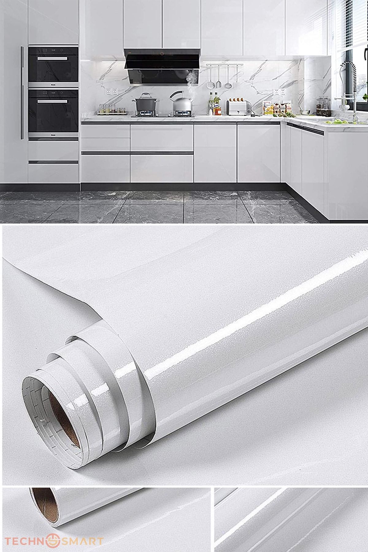 TechnoSmart 60x100cm Beyaz Simli Kendinden Yapışkanlı Parlak Duvar Kağıdı Mutfak Banyo Dolap Kaplama