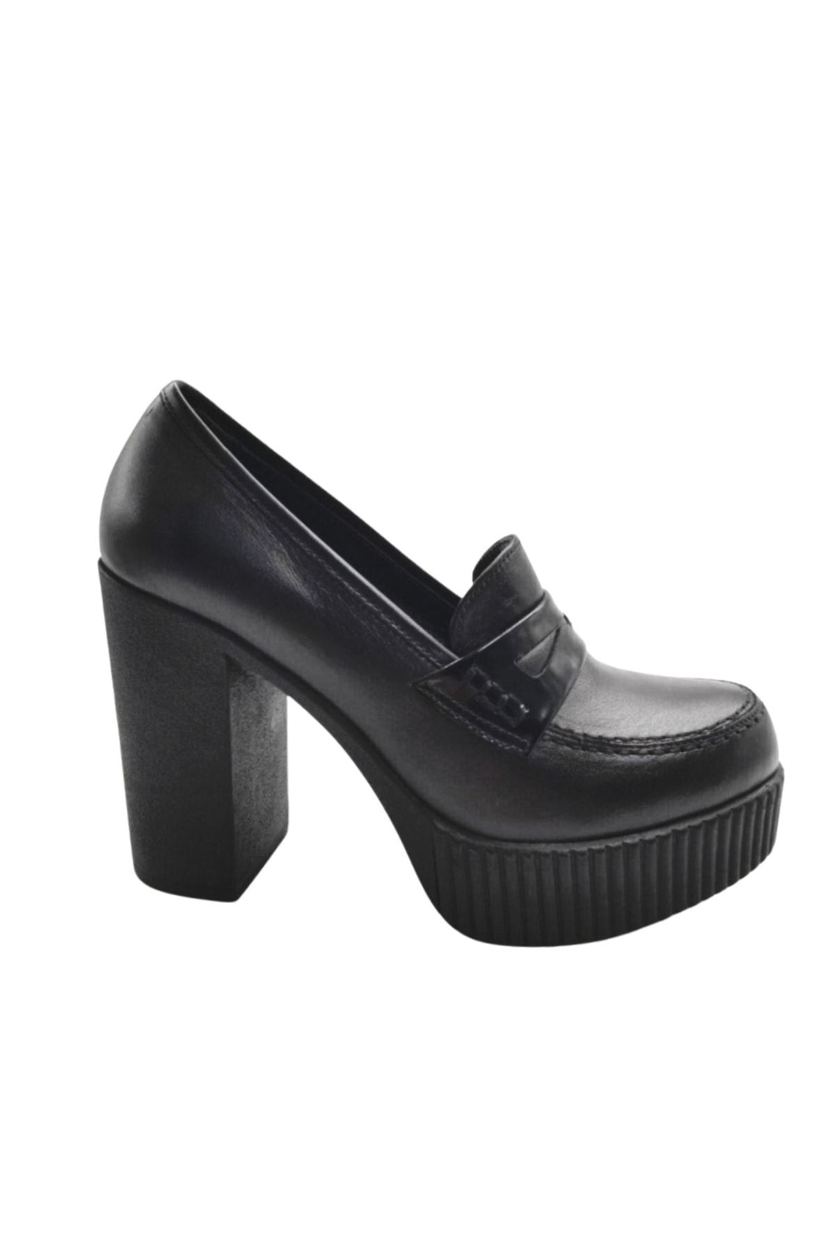 Impero Hakiki Siyah Deri Kalın Topuklu Ayakkabı