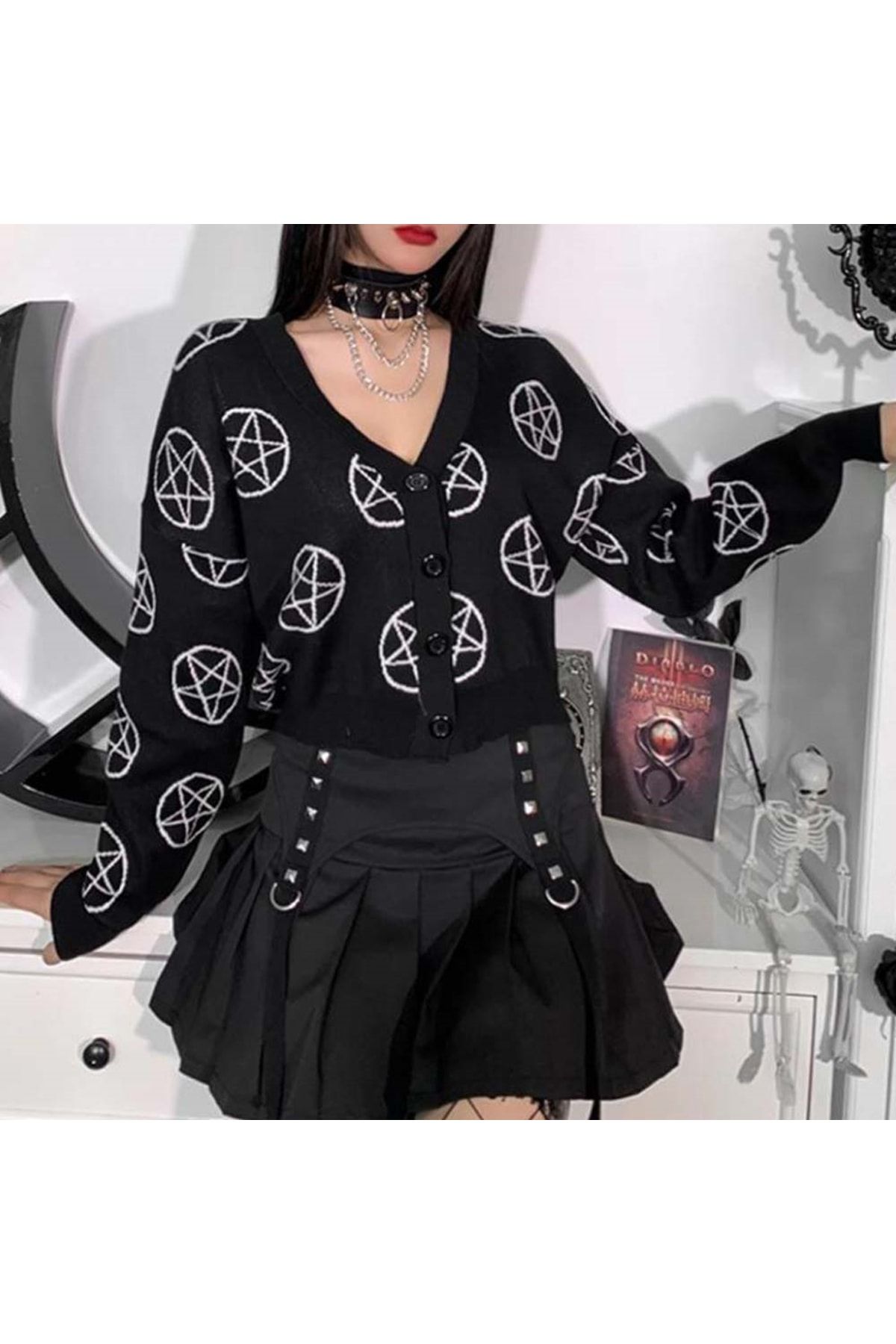 Köstebek Cadılar Bayramı Gothic Pentagram Desenli V Yaka Oversize Hırka