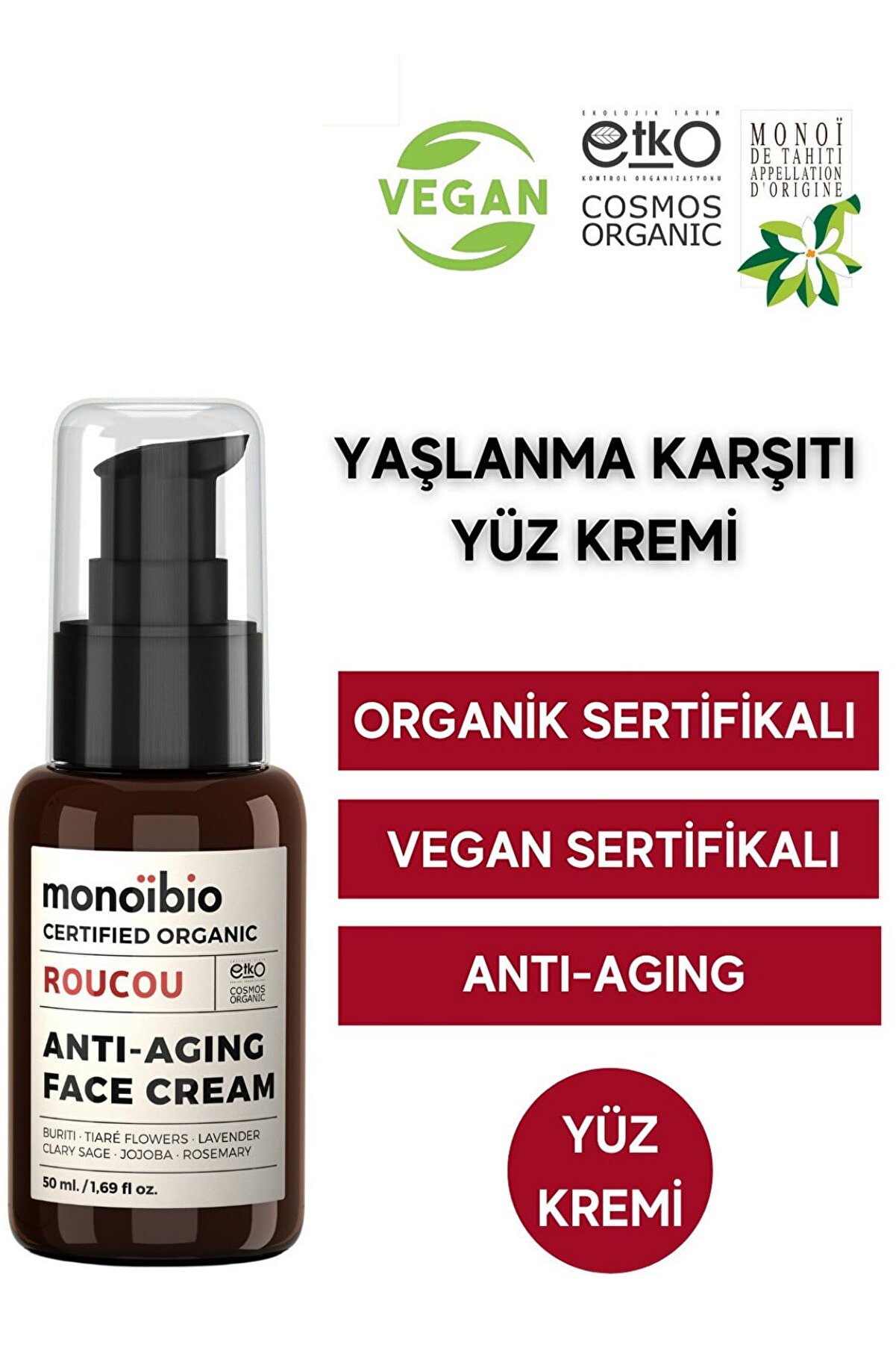 Monoibio Organik Yaşlanma  Kırışıklık Karşıtı Yüz Kremi - Roucou Anti Aging Yüz Kremi  - Vegan 50 ml