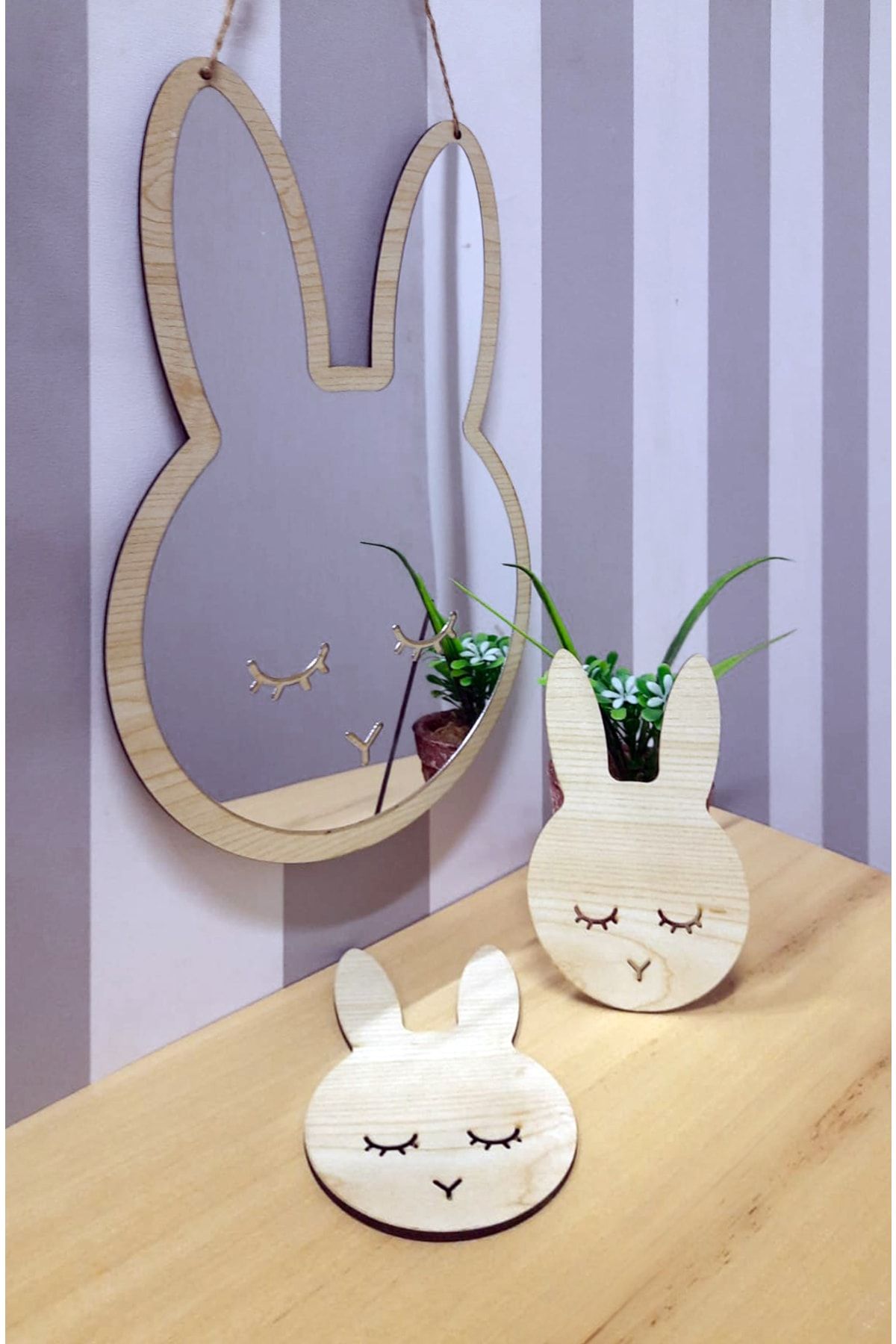 Wooden Factory Tavşanlı Çocuk Odası Dekoru Ahşap Üzeri Pleksi Ayna Kaplama 3lü Set