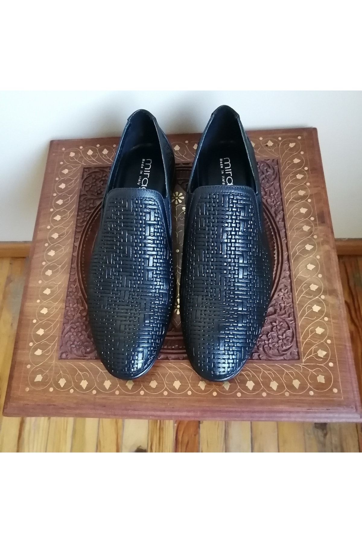 Mirage Uniseks Hakiki Deri Siyah Örgü Baskı Desenli Yumuşak Dikişli Kösele Tabanlı Loafer Ayakkabı