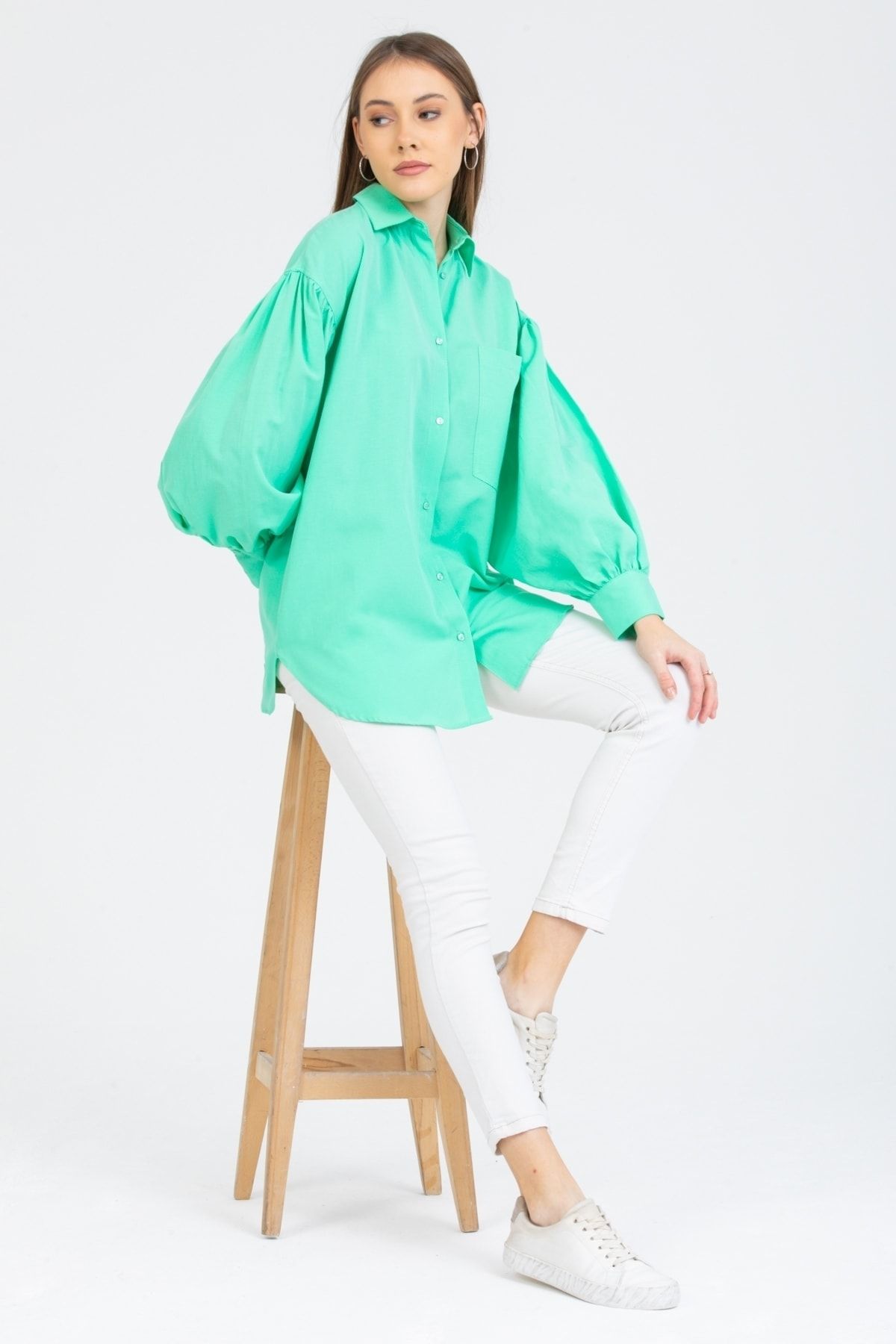 MD trend Kadın Mint Yeşili Cepli Balon Kol Pamuklu Oversize Gömlek