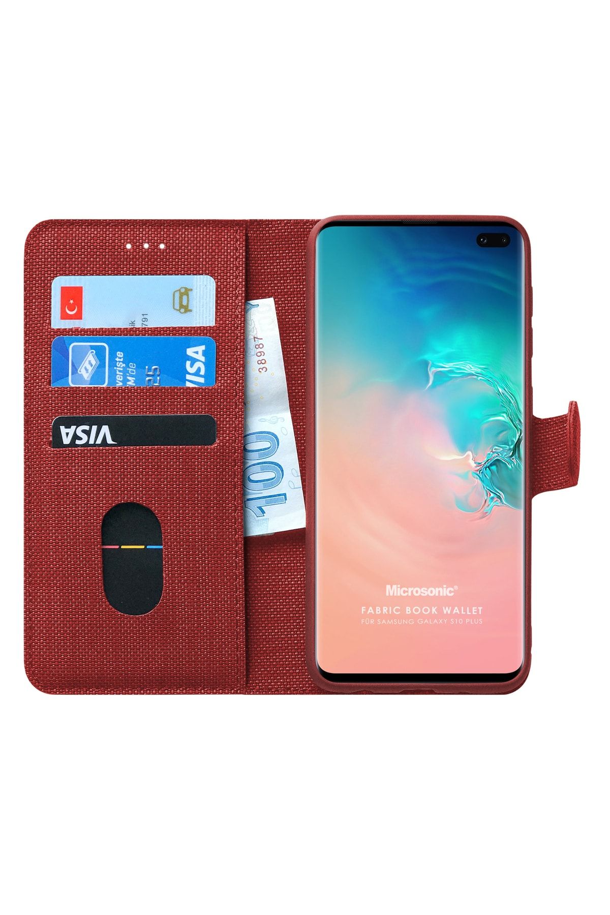 Microsonic Galaxy S10 Plus Kılıf Fabric Book Wallet Kırmızı