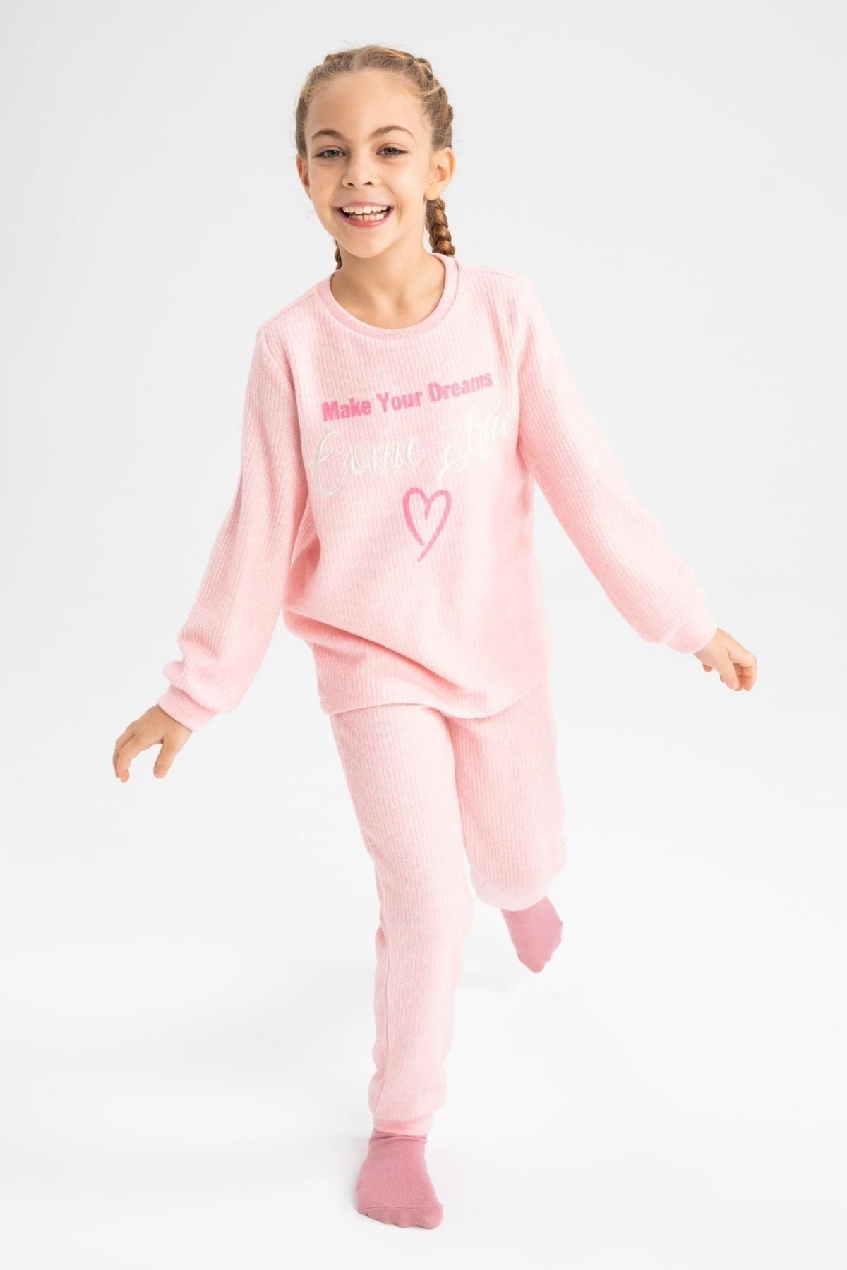 Defacto Kız Çocuk Regular Fit Baskılı Triko Görünümlü Pijama Takımı