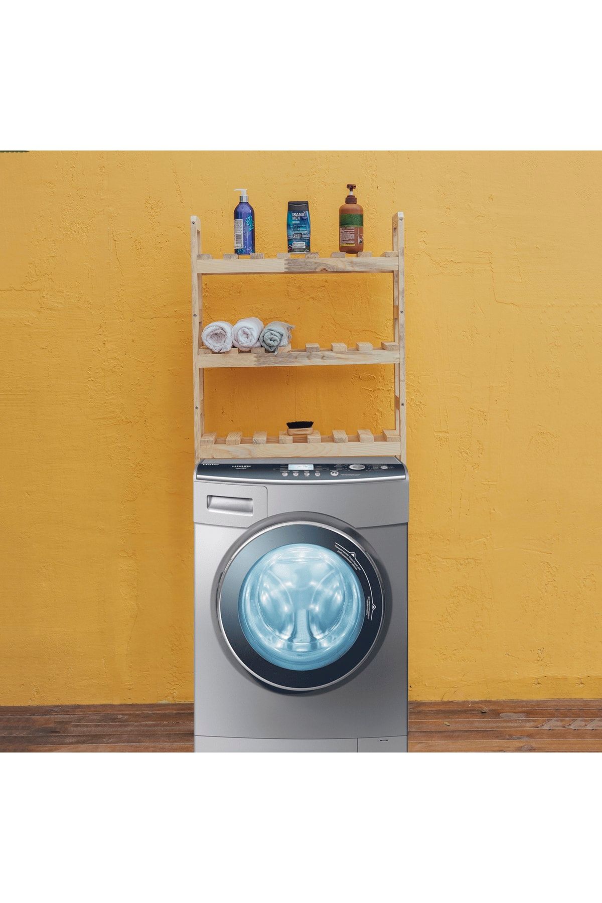 pinoxi Çamaşır Makinesi Üstü Ahşap Düzenleyici Raf Banyo Rafı Makina Üstü Çok Amaçlı Dolap 3 Katlı