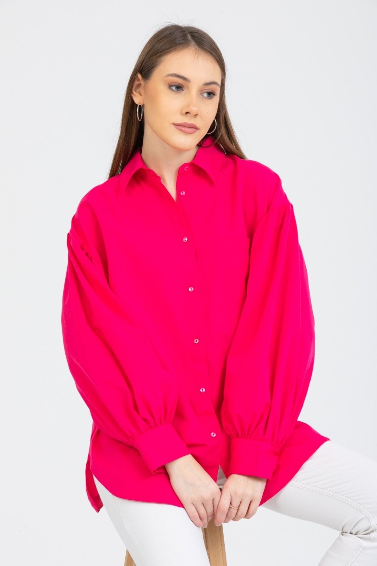 MD trend Kadın Fuşya Cepli Balon Kol Pamuklu Oversize Gömlek