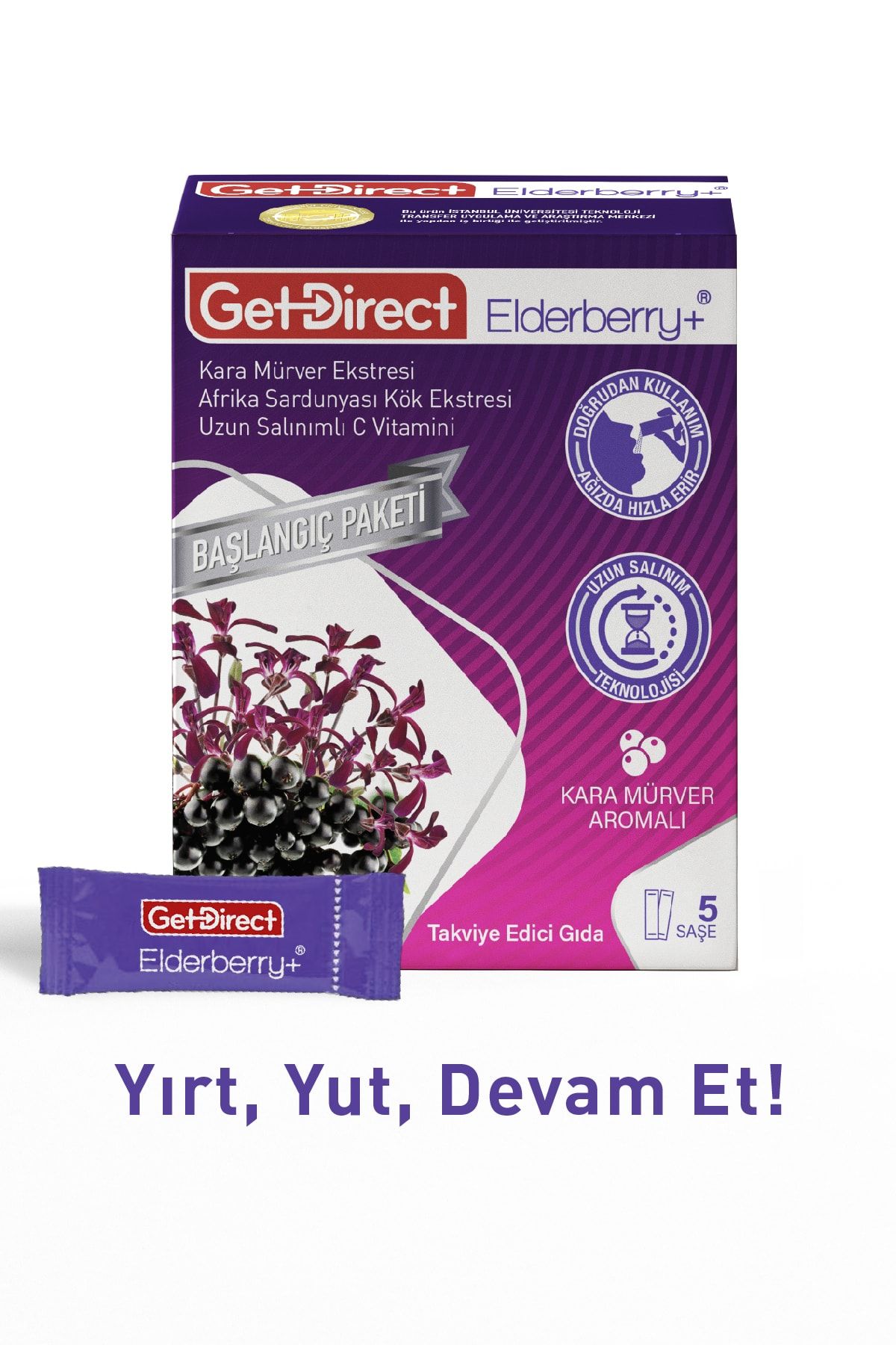 GetDirect Elderberry+ Karamürver ve Afrika Sardunyası 5 Şase – Uzun Salınımlı C Vitamini, Susuz Kullanım