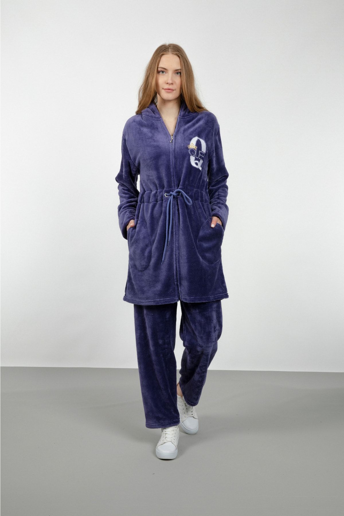 angels secret Ultra Welsoft Kadın Günlük Sabahlık Gecelik Kışlık Kapişonlu Polar Fermuarlı Eşofman Pijama Takımı
