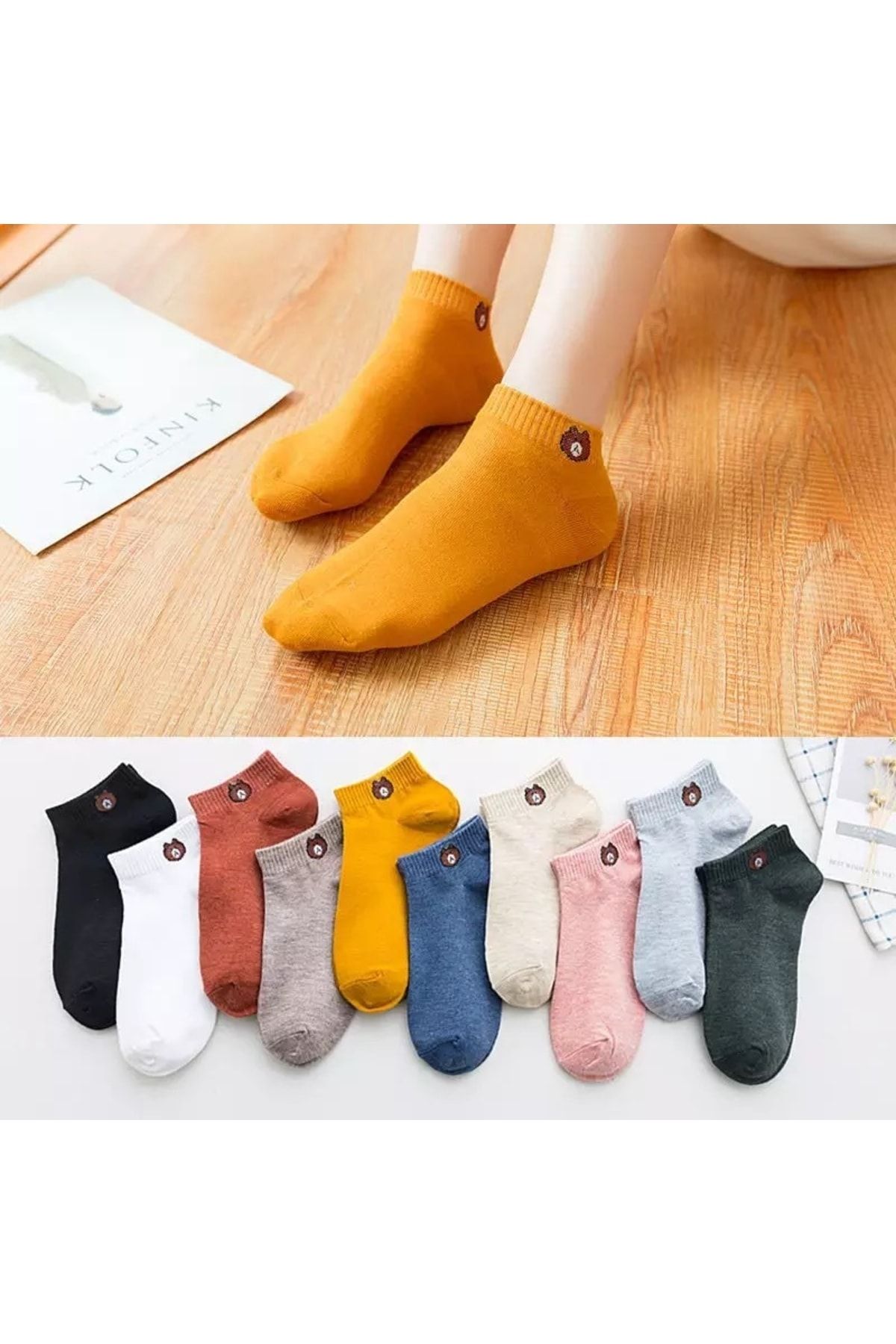 Atacık Çorap 6 Çift Unisex Renkli Teddy Bear Lastik Desenli Yıkamalı Patik Çorap