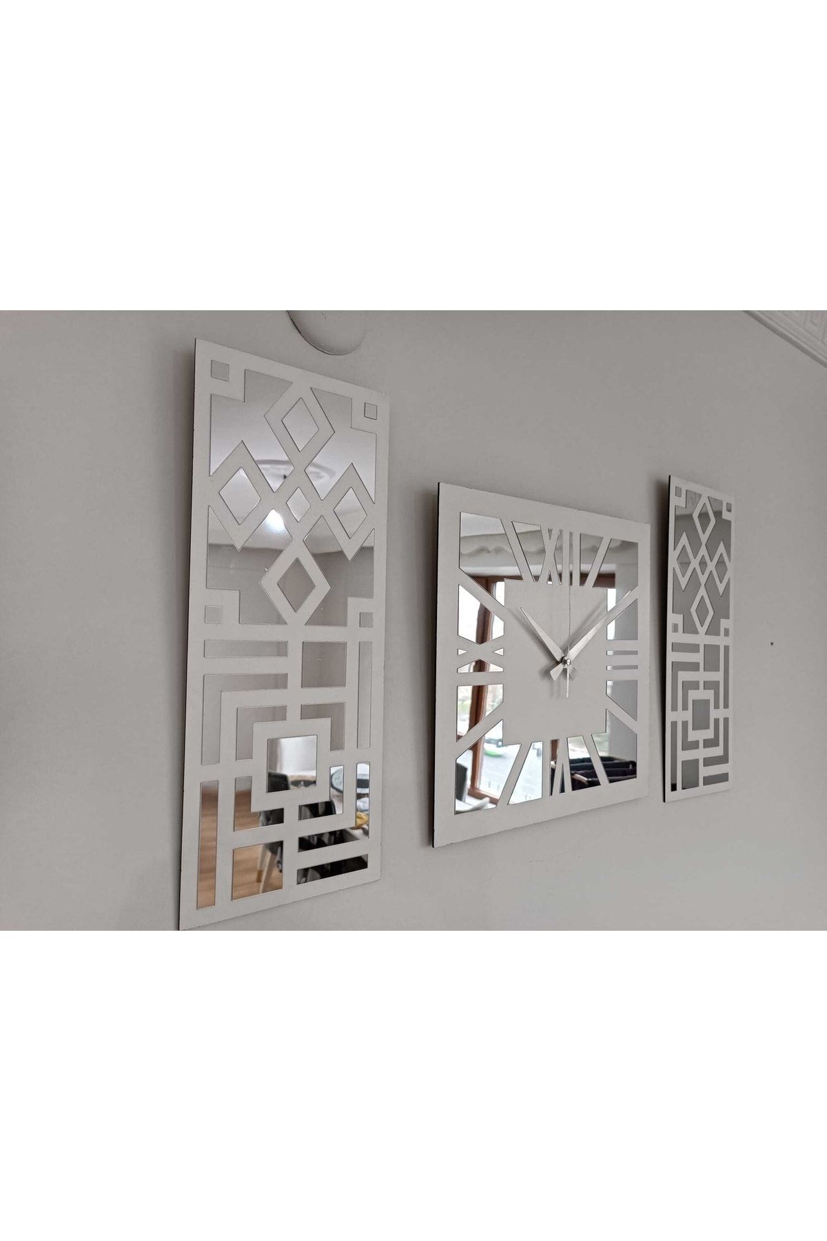 Palm Decor Roma Rakamlı Modern & Şık Tasarım Beyaz Mdf Üzeri Gümüş Renk Aynalı Pleksi 3lü Duvar Saat Seti