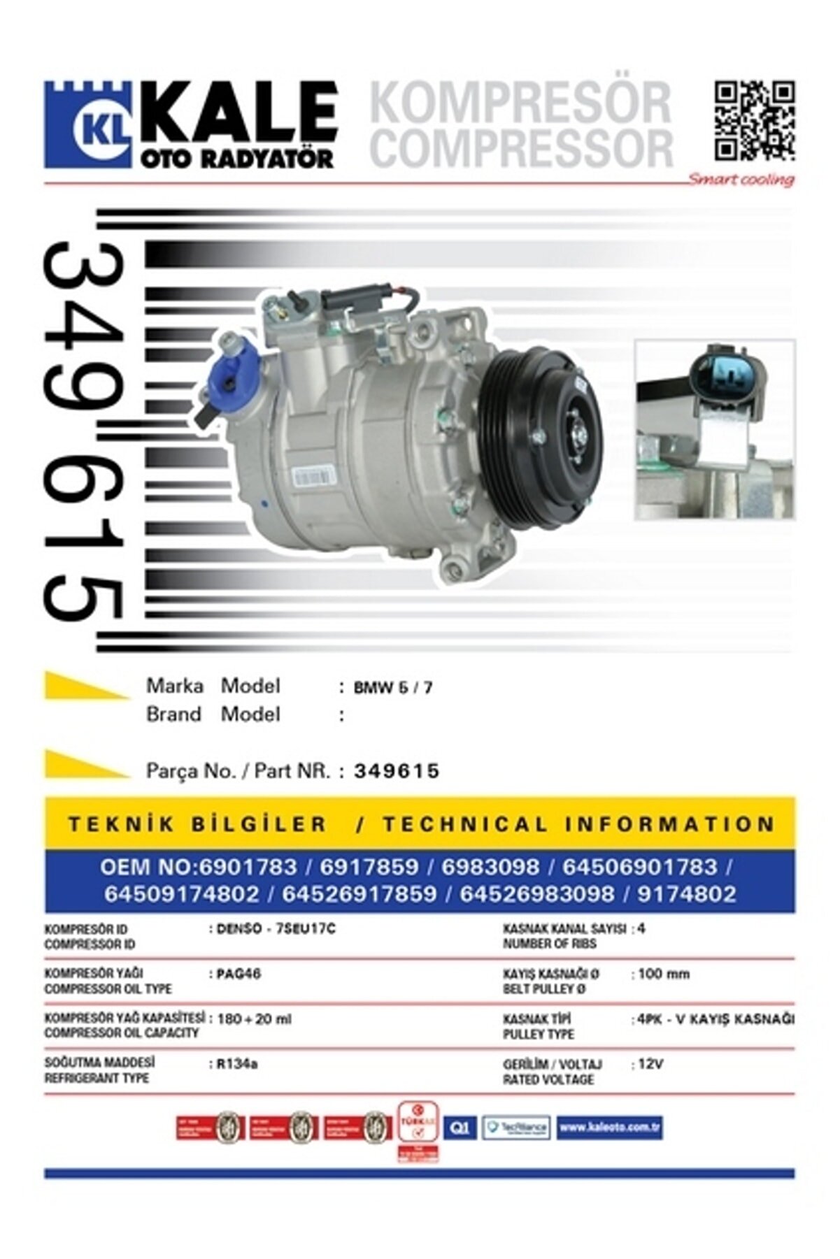 Klima Kompresörü Bmw 5 E60 520i-525i-530i-525d 03-10 7 E65 730i-730d 02 100mm -349615