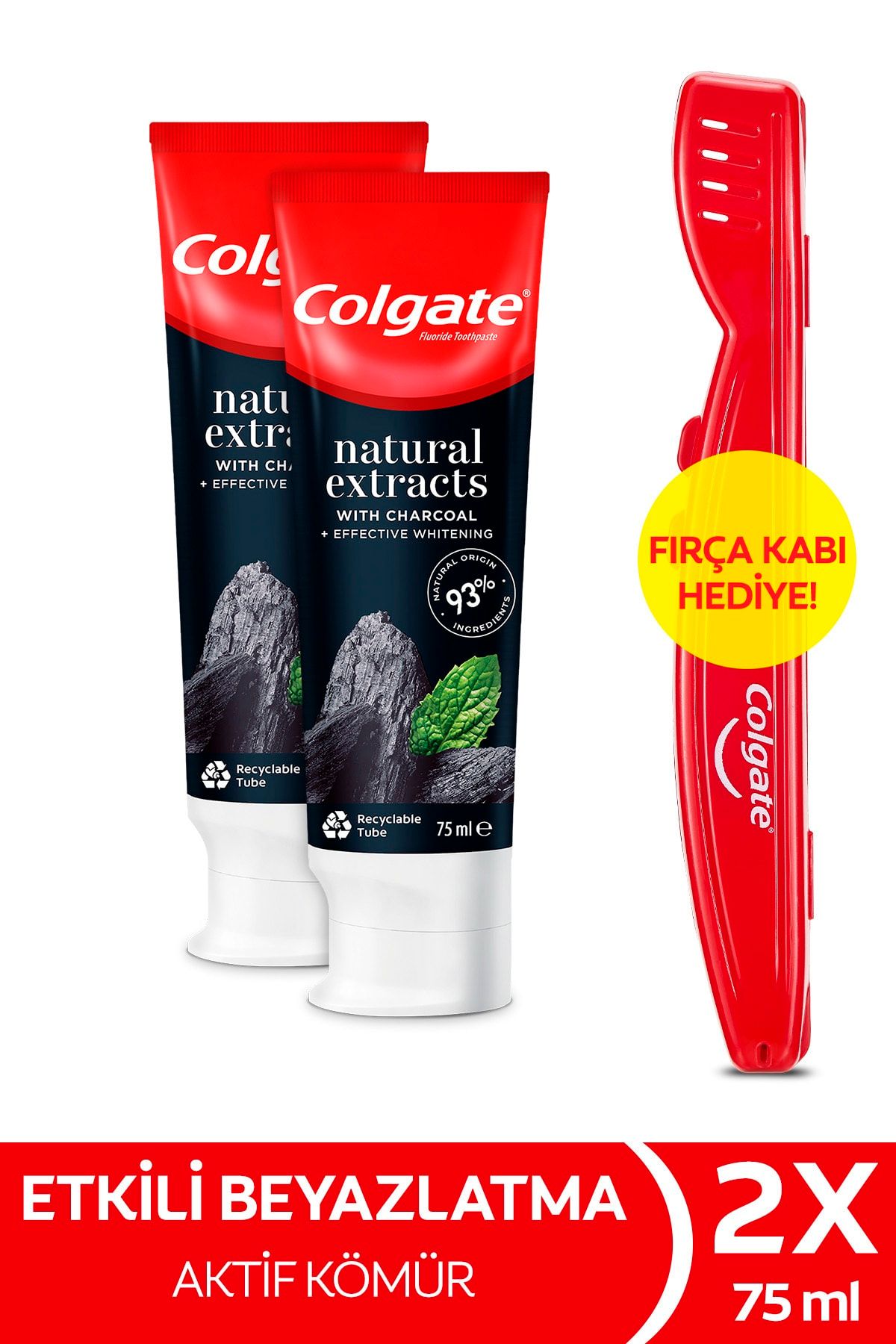 Colgate Natural Extracts Aktif Karbon Ve Nane Diş Macunu 75 ml X 2 Adet Fırça Kabı Hediye