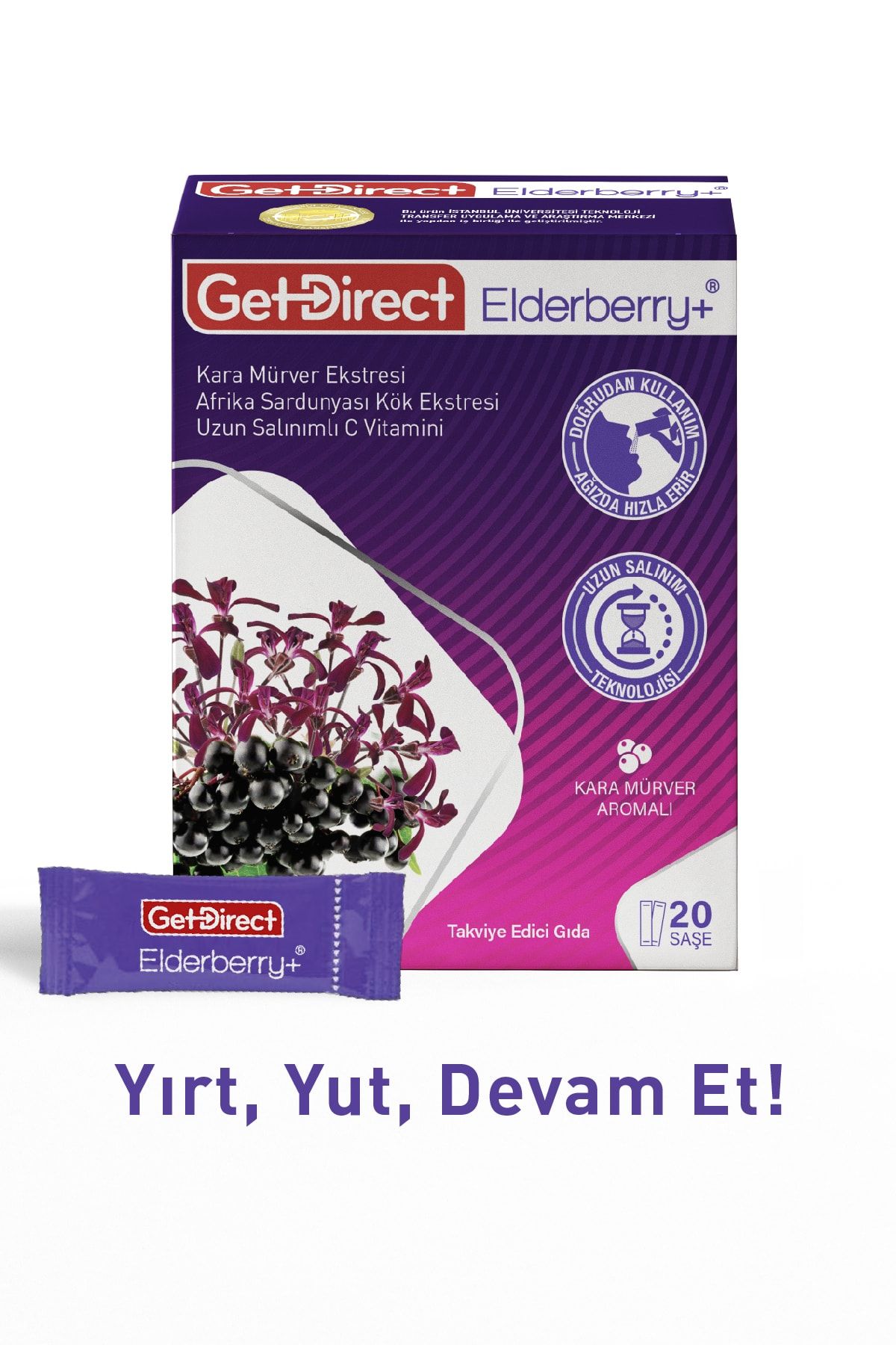 GetDirect Elderberry+ Karamürver Ve Afrika Sardunyası 20 Şase – Uzun Salınımlı C Vitamini, Susuz Kullanım