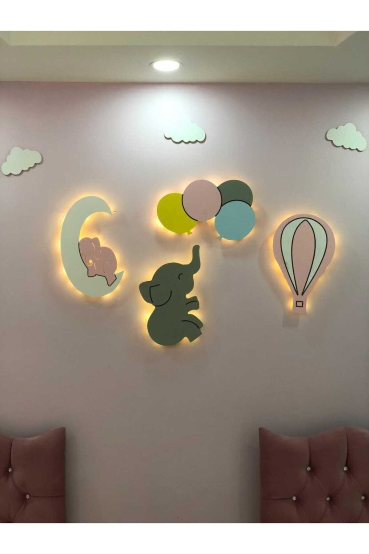 ARSERGROUP 4'lü Aydınlatma Çocuk Odası Dekoratif Ahşap Filli Ay Balonlar Ve Fil Gece Lambası Duvar Dekorasyonu