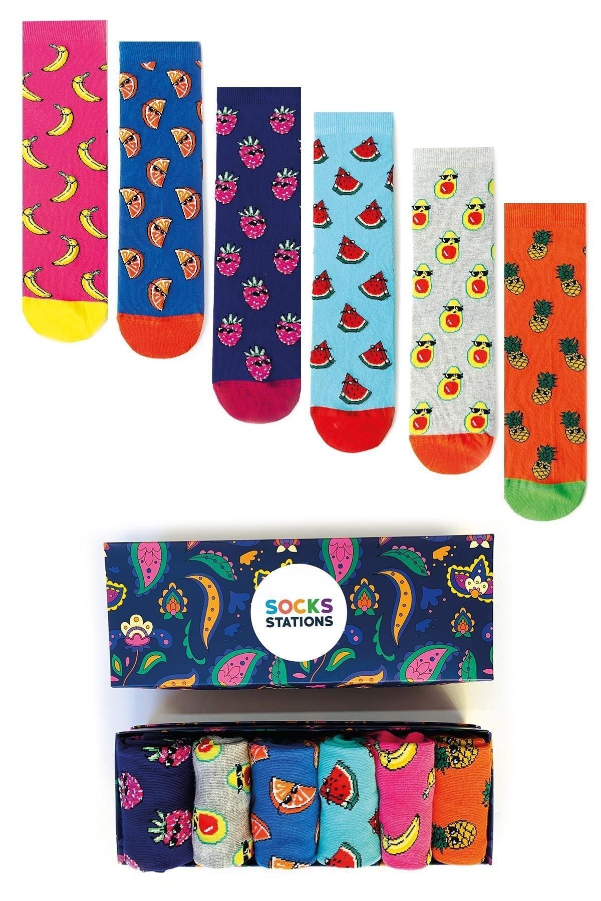 Socks Stations 6'lı Şekilli Desenli Renkli Çorap Özel Kutusu
