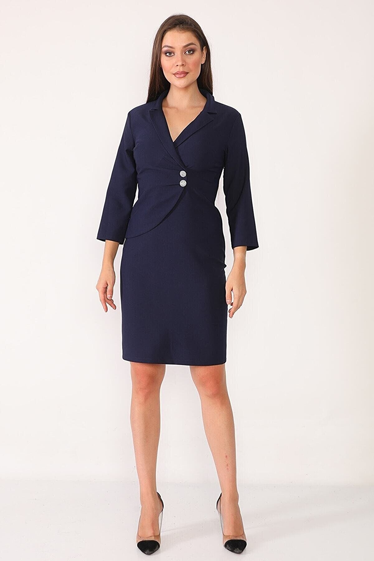 Element's Kadın Lacivert Kruvaze Yaka Ve Ön Kısmı Düğme Detaylı Ofis Elbise