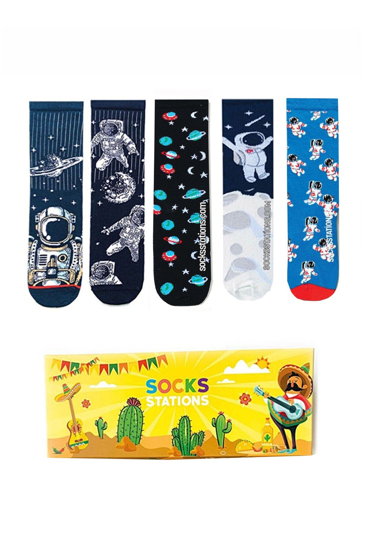 Socks Stations Unisex Renkli 5'li Uzay Ve Astronot Renkli Desenli Çorap Kutusu