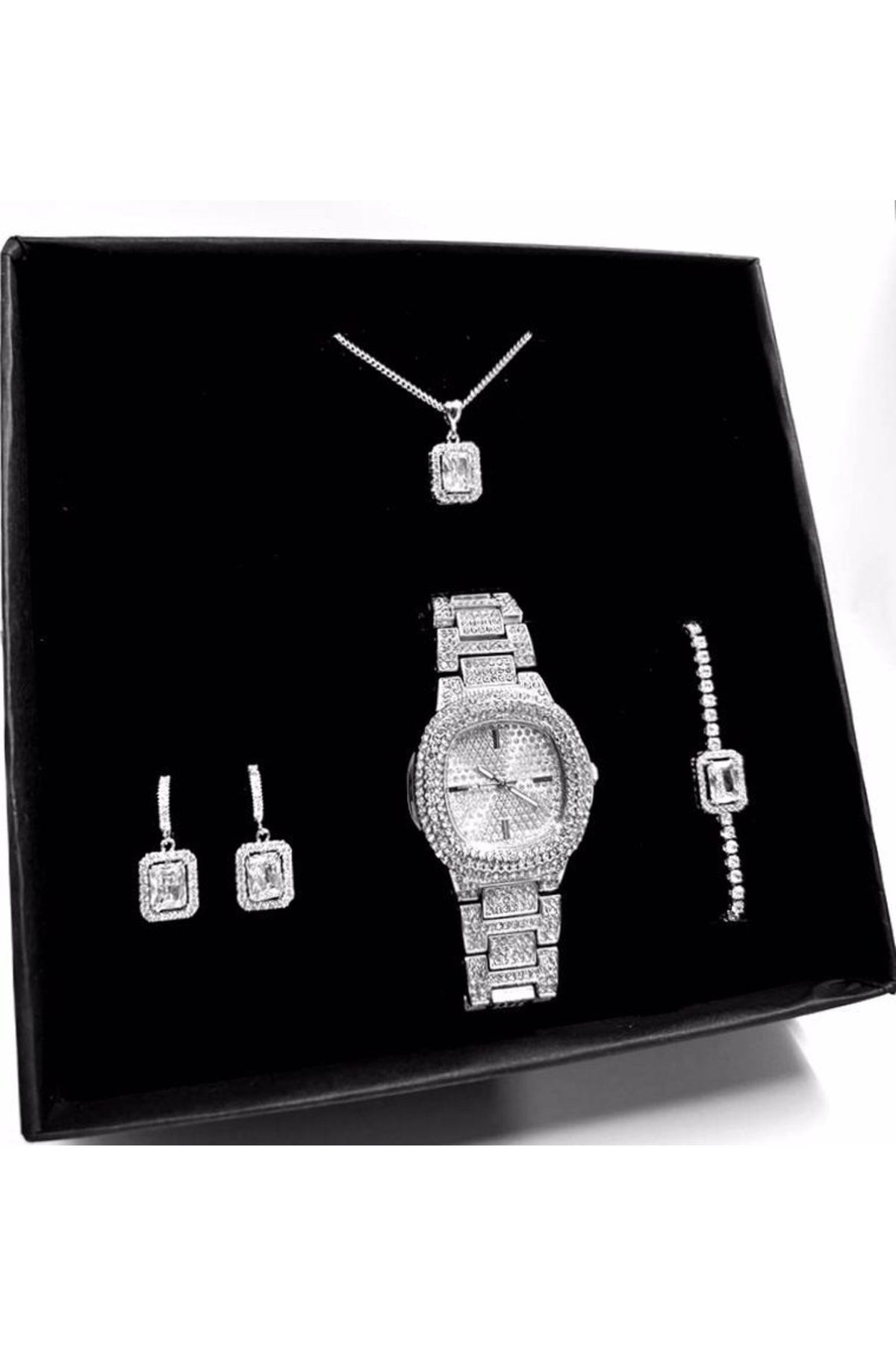 Aura Gift Shop Gümüş Renk Baget Kolye Küpe Bileklik Gümüş Saat Seti