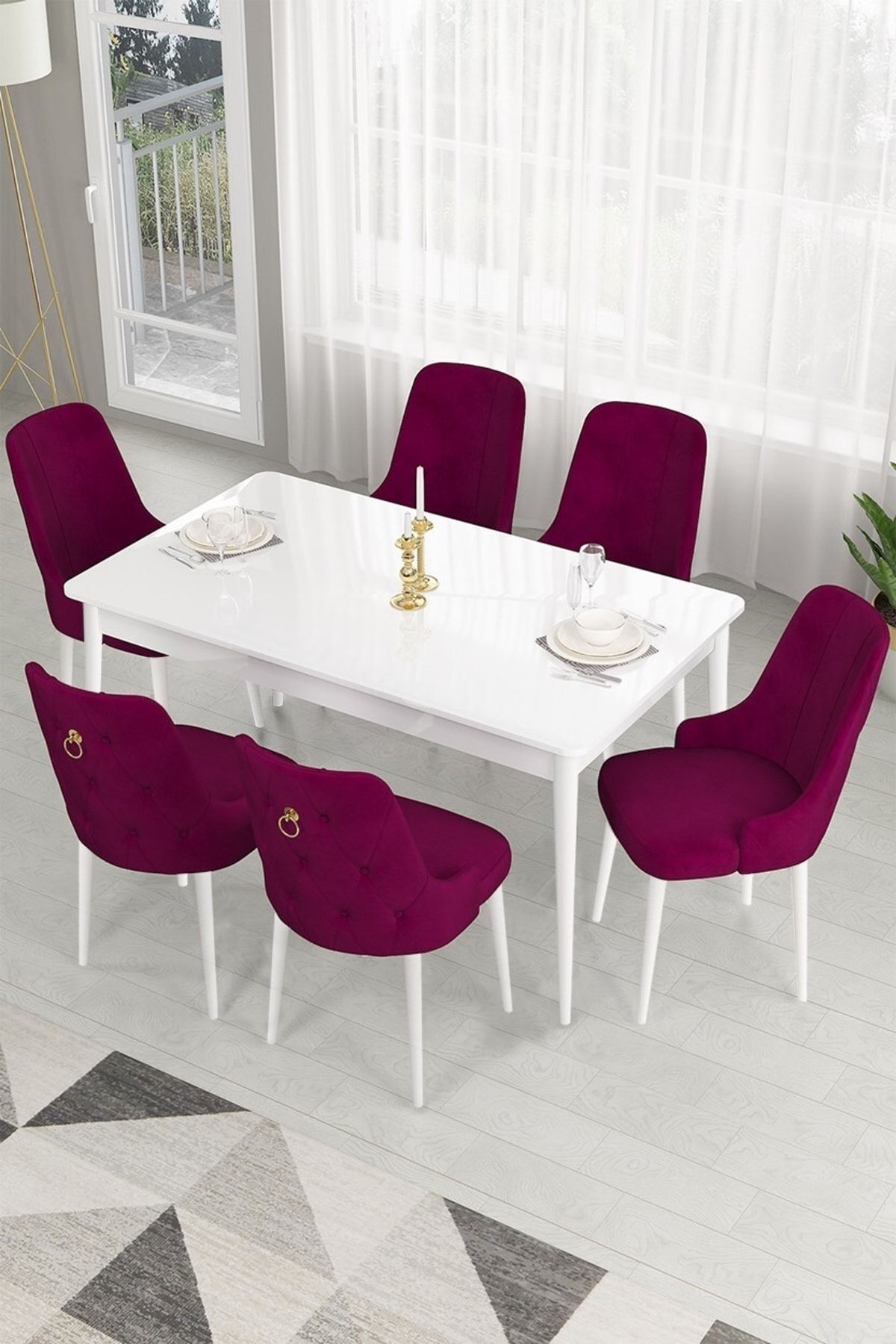 Canisa Concept Lav Serisi, 80x130 Sabit Beyaz Yemek Masası 6 Mürdüm Sandalye Gold Halkalı