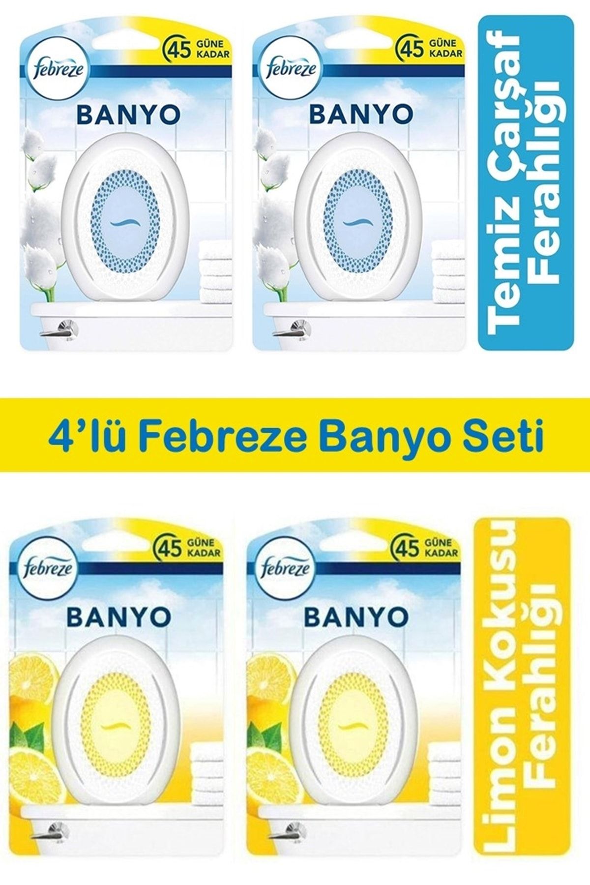 Febreze Banyo Hava Ferahlatıcı Oda Kokusu 4'lü (2x Temiz Çarşaf Ferahlığı, 2x Limon Kokusu Ferahlığı)