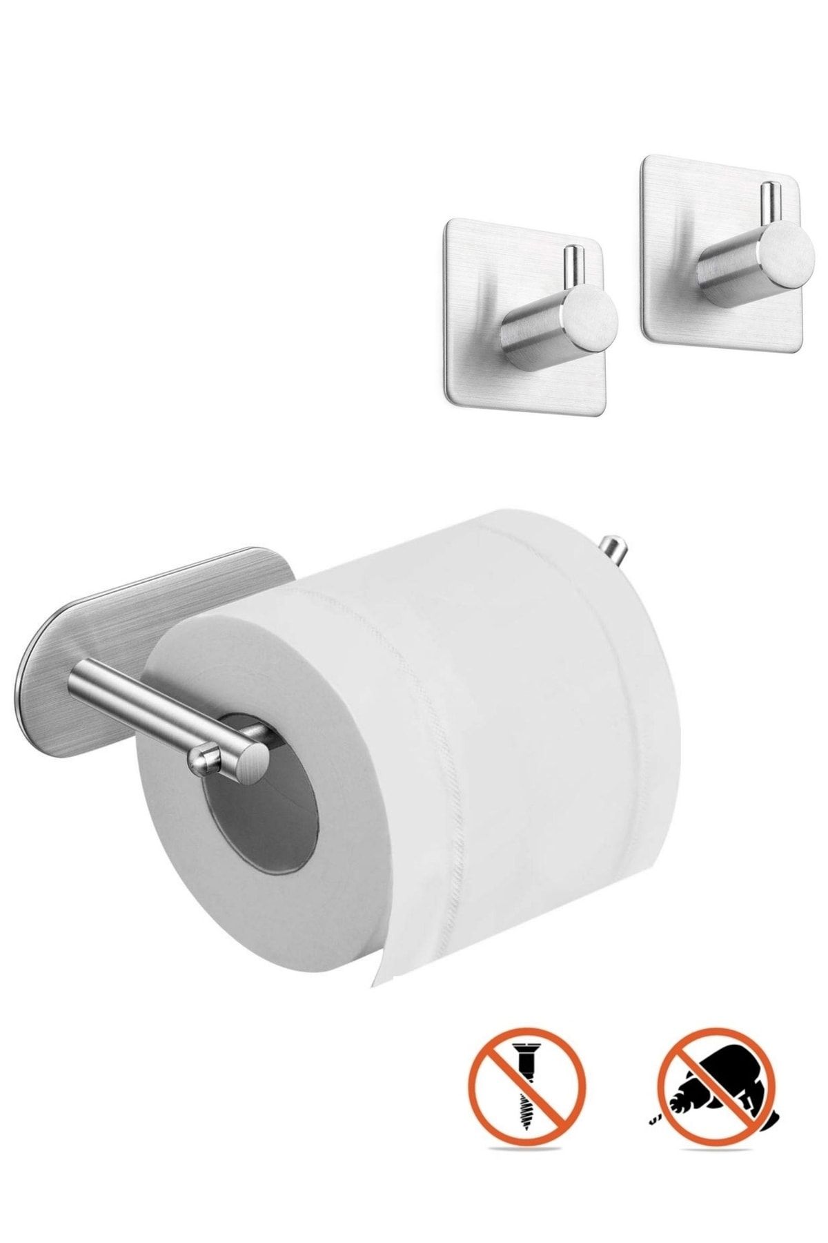 DELTAHOME Paslanmaz Çelik Set Tuvalet Kağıtlığı - 2 Adet Havluluk - Yapışkanlı Bant Sistem