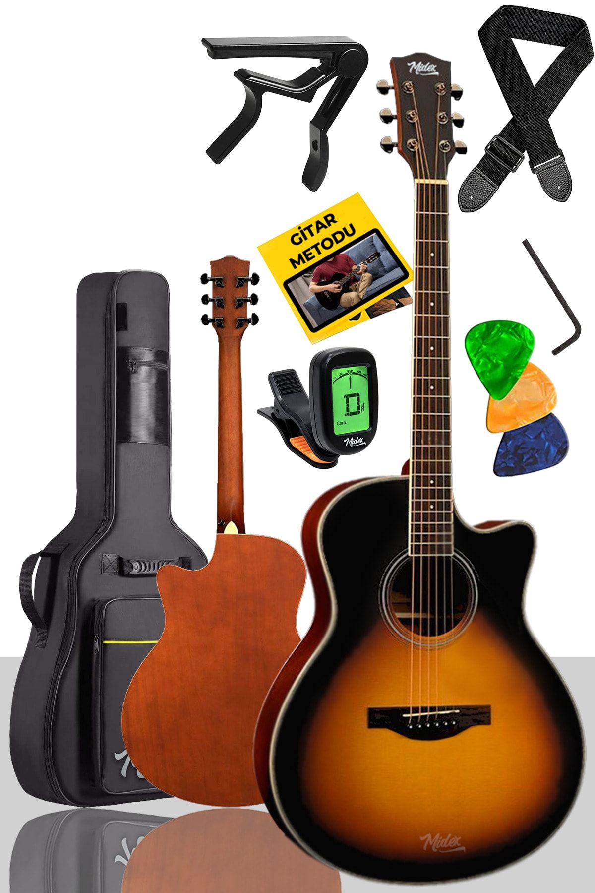 Midex Xc-400 Sunburs Akustik Gitar 4/4 Yetişkin Boy (ÇANTA TUNER ASKI CAPO)