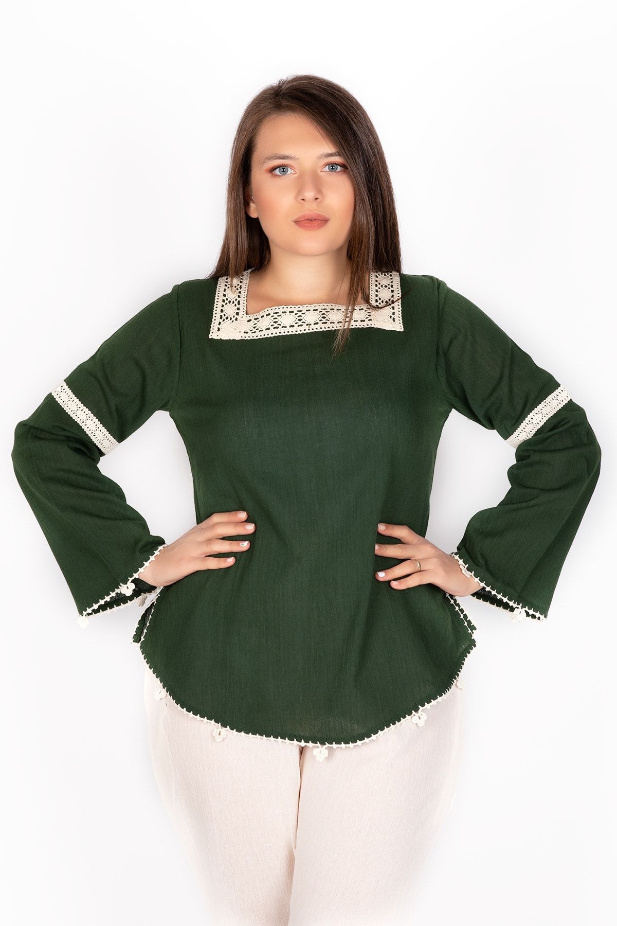 Kardelen Butik Ümraniye Kadın Şile Bezi Ispanyol Kollu Yeşil Bluz
