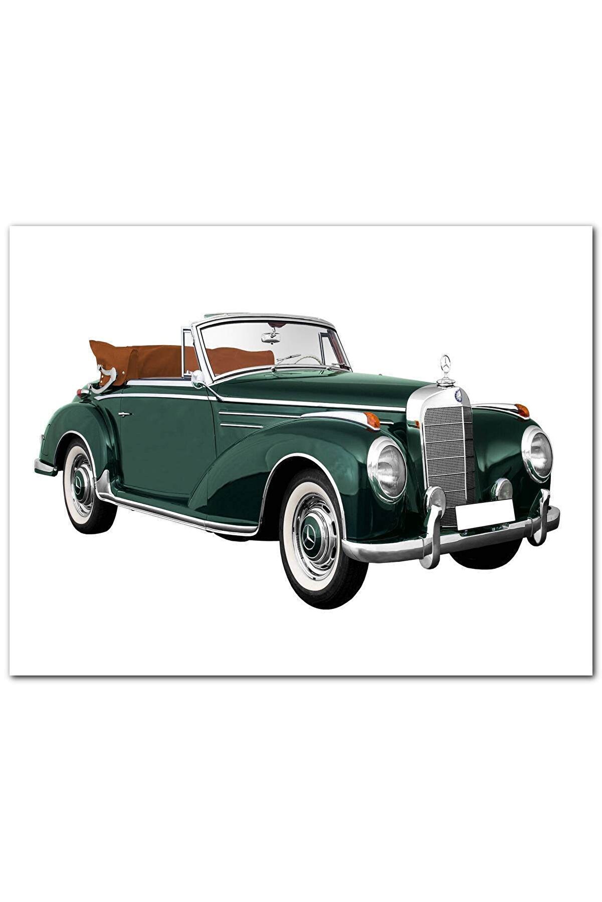 Cakatablo Yeşil Antika Mercedes Benz Beyaz Zemin 35x50 cm Boyut Ahşap Tablo