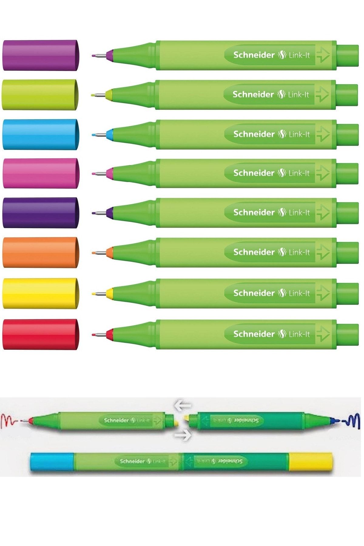 Schneider Keçe Uçlu Tükenmez Kalem Link-ıt 8 Renk ( Iki Kalemi Birleştir Bir Kalem Iki Renk Yarat ) Set-1