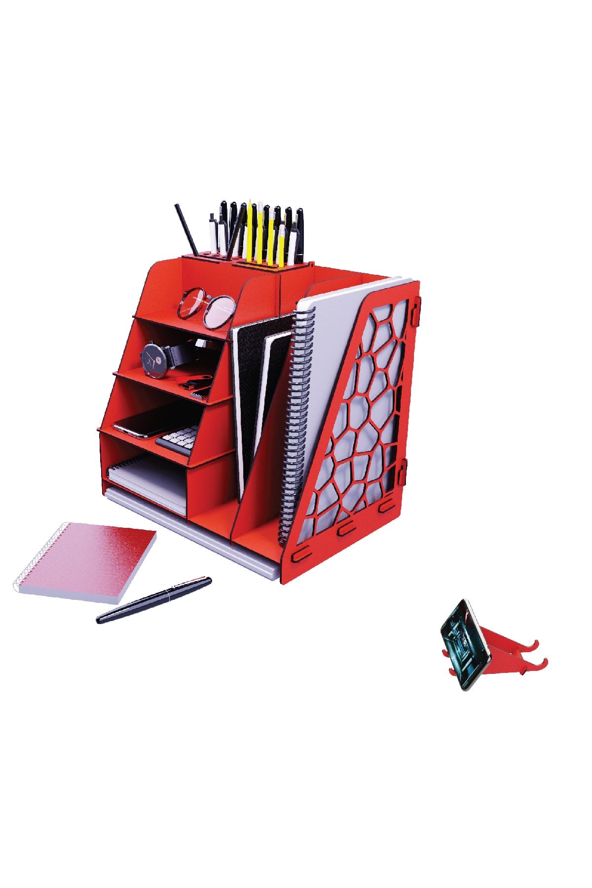 KUK Design Voronoi Ahşap A4 Evrak Rafı Düzenleyici Ofis Masaüstü Organizer Set