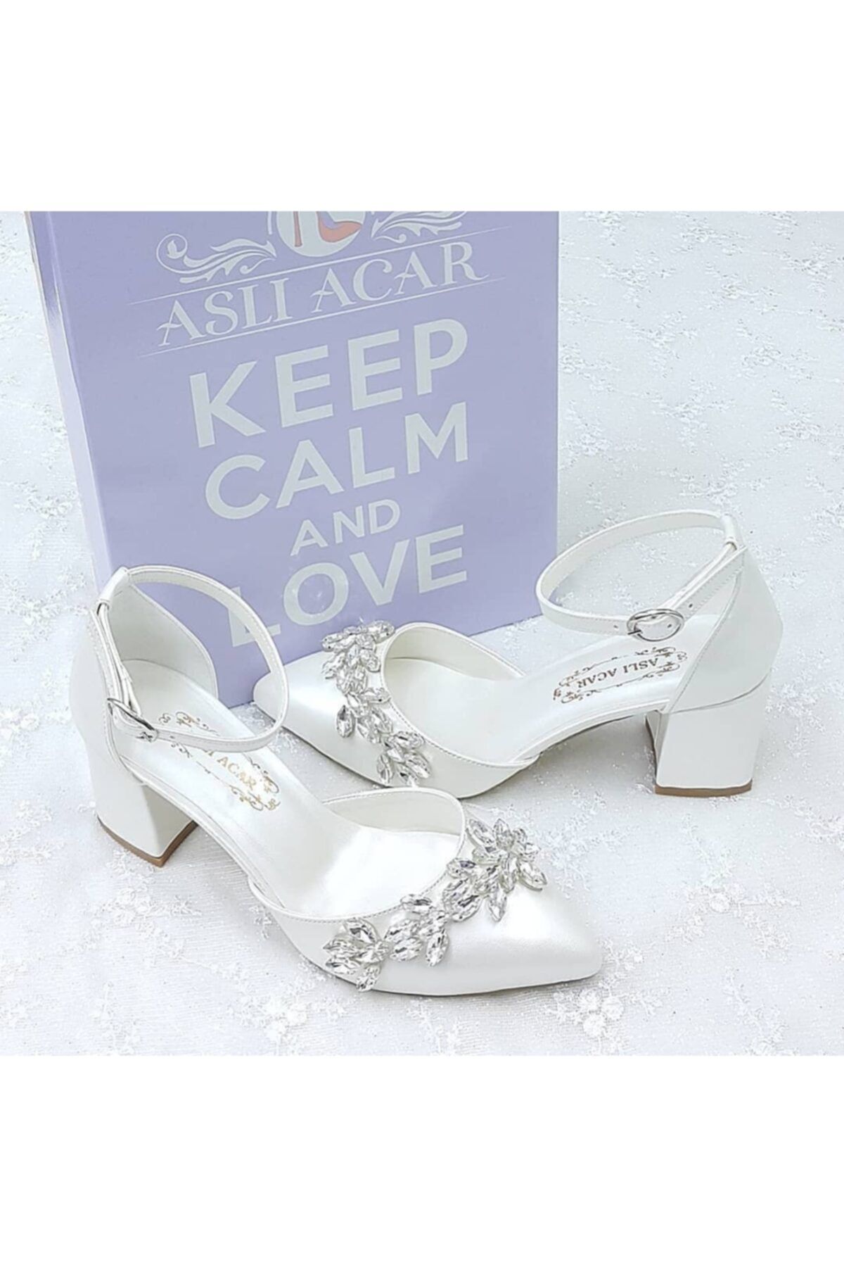 ASLIACAR 6,5 Cm Taşlı Tasarım Kırık Beyaz Stiletto Gelin Ayakkabısı Aslı Acar