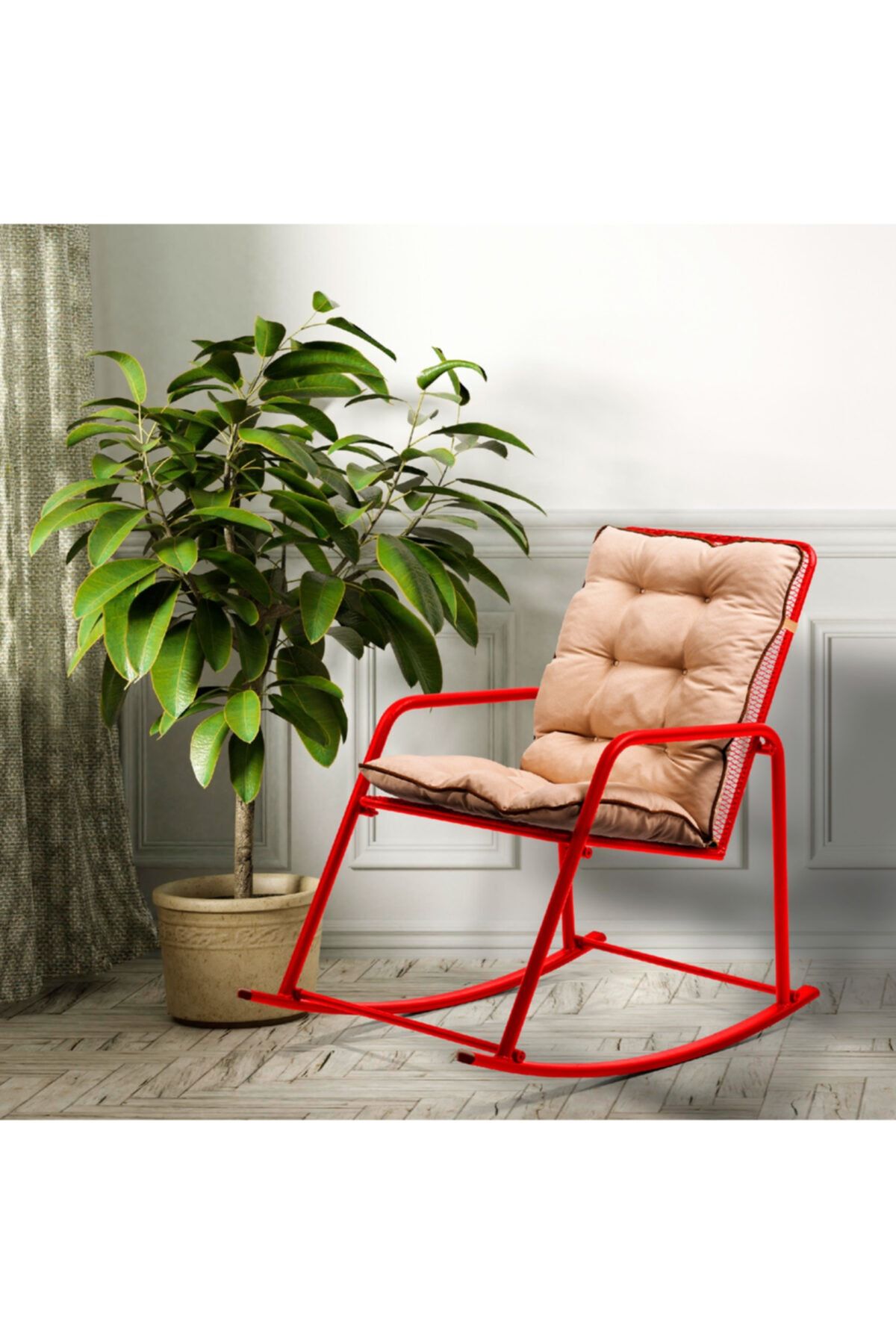 Retodesign Minderli Kırmızı Metal Sallanan Sandalye