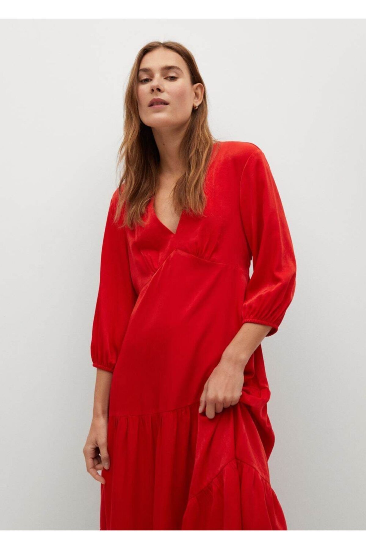 MANGO Kadın Kırmızı Dökümlü Fırfırlı Elbise