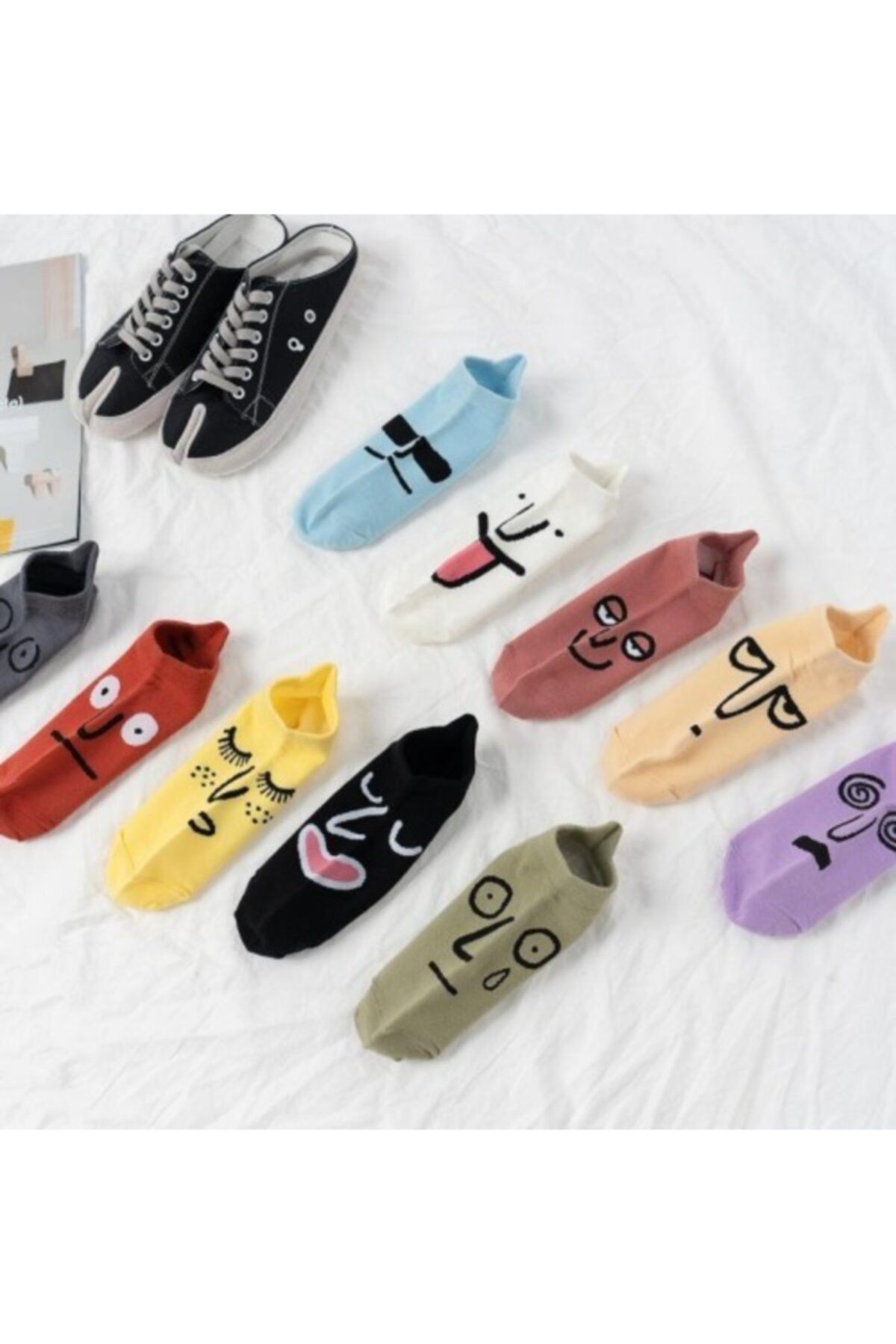 çorapmanya Kadın 10 Çift  Komik Yüzlü Çoraplar  Çok Renkli