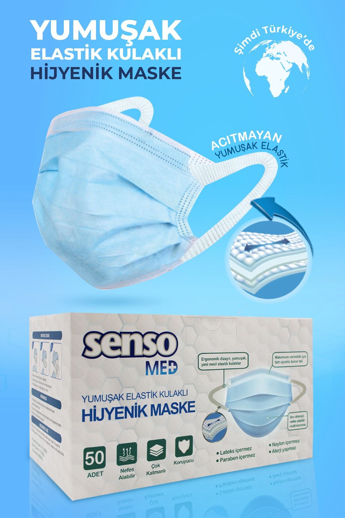 Senso Med Elastik Kulaklı Sensomed Medikal Maske 50 Adet-üts Kayıtlı