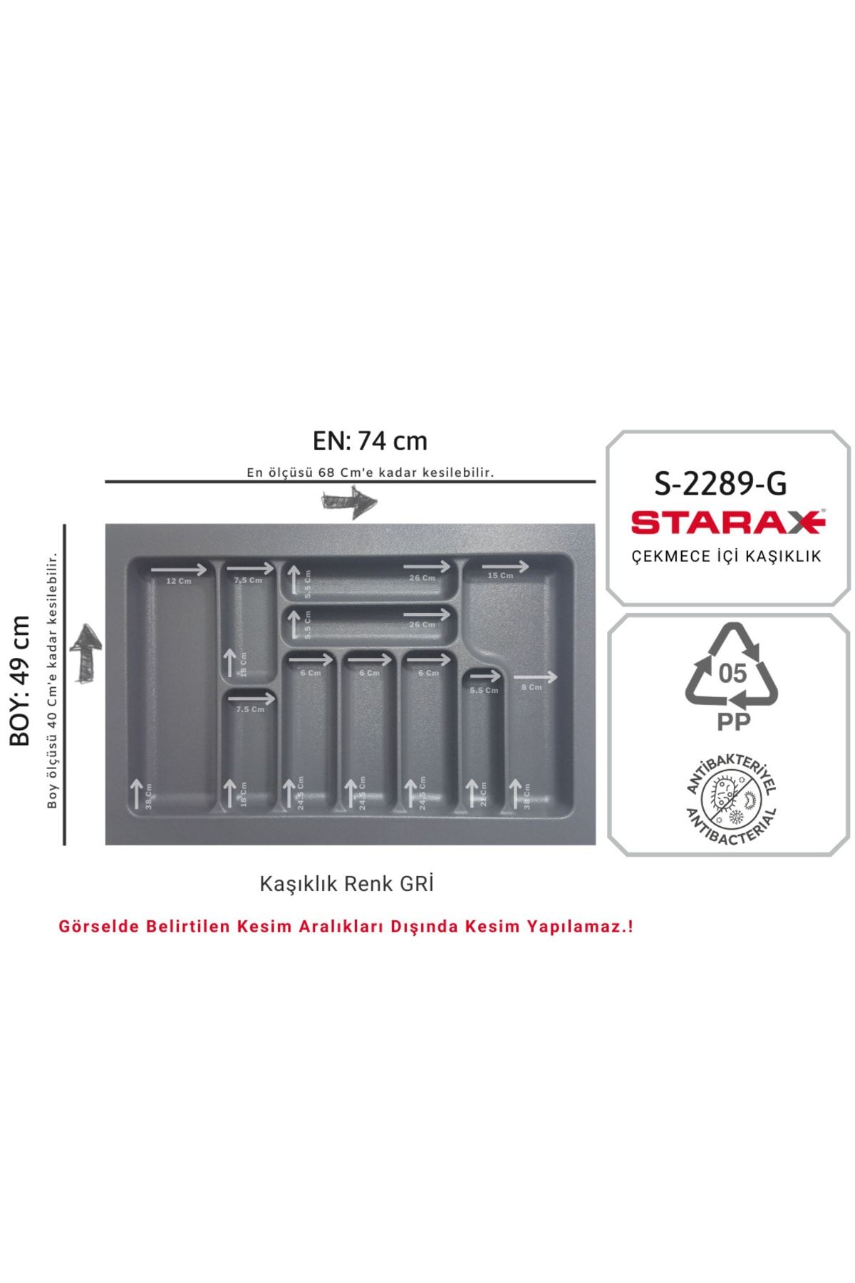 Starax S-2289-g Çekmece Içi Plastik Kaşıklık Gri En:74-68 D:49-40 Cm 10 Göz