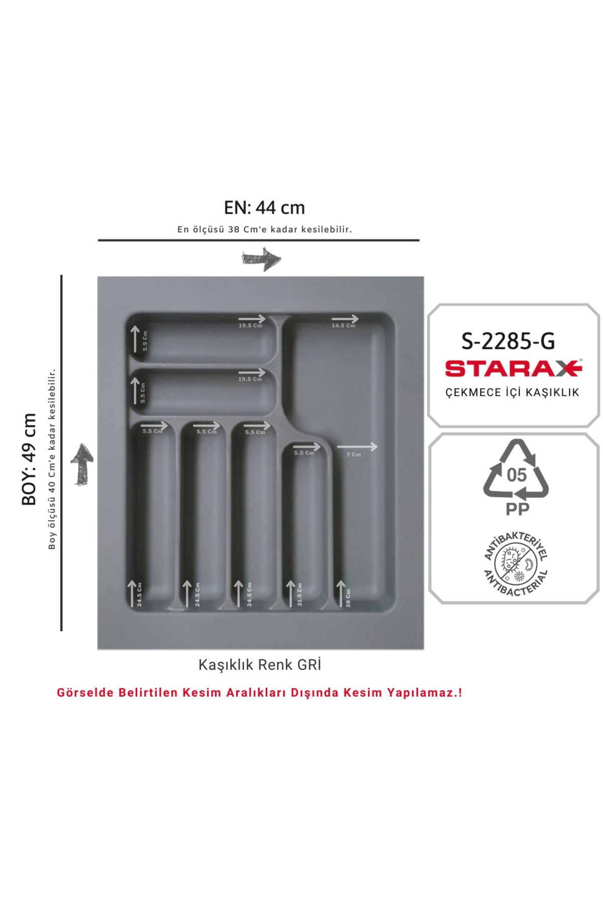 Starax S-2285-g Çekmece Içi Plastik Kaşıklık Gri En:44-37,5 D:49-40 Cm Arası 7 Göz