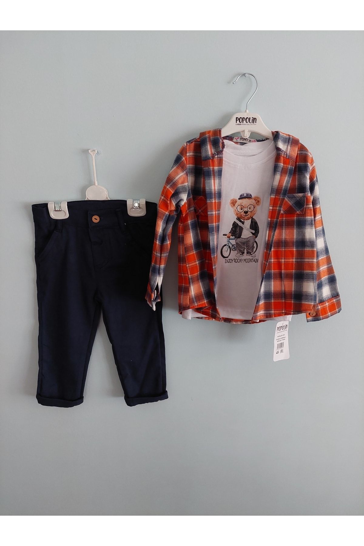 Popolin Erkek Bebek Ekose Kapüşonlu Gömlek, Tşört, Pantolon Takım,