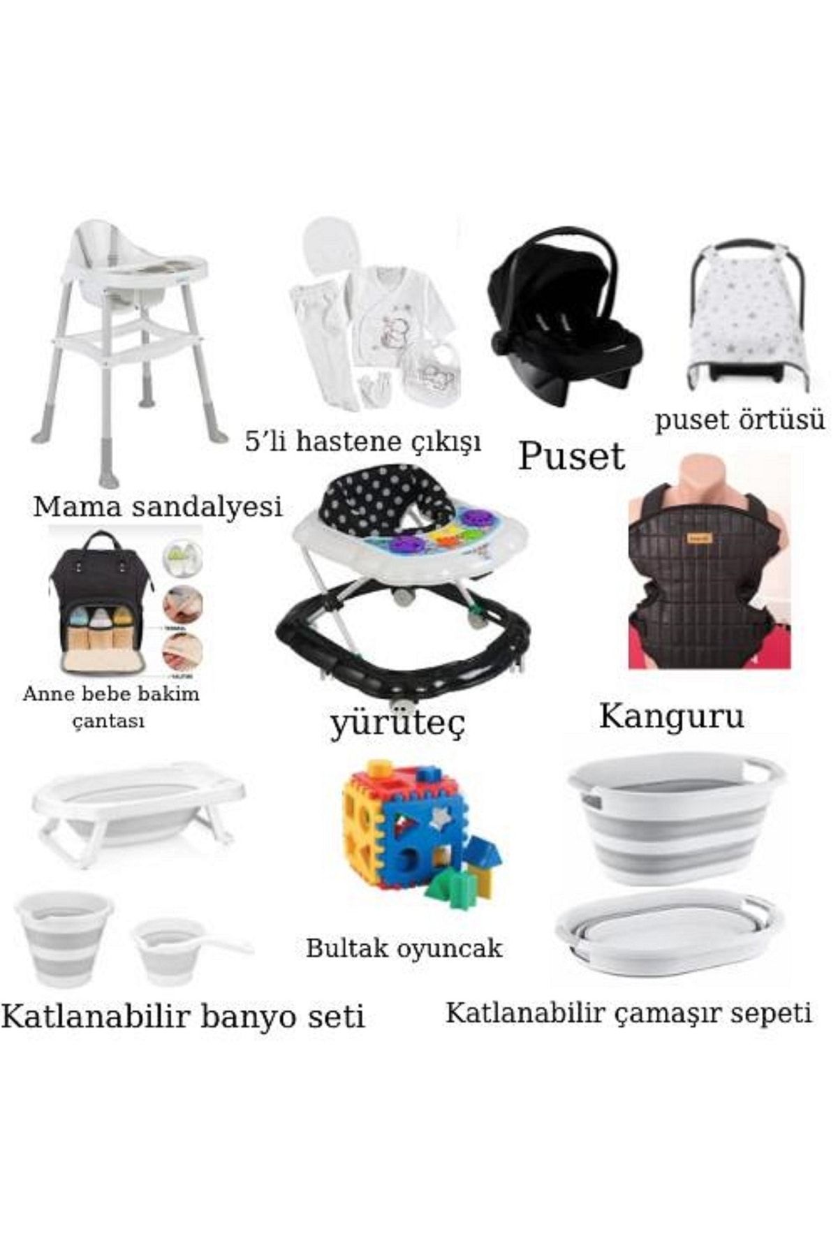 cancanbebe Ayazkids 16 Parça Bebek Çeyiz Seti Bebek Puseti Katlanır Sepet Ve Banyo Seti Yürüteç Kanguru