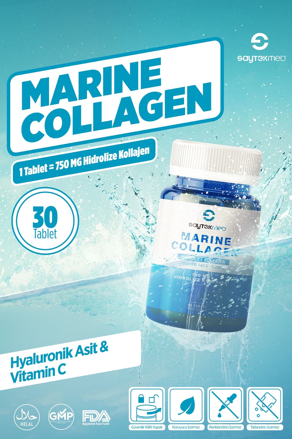 SAYTEKMED Marine Collagen, Hidrolize Kollajen, Hyaluronik Asit Ve Vitamin C Içeren Takviye Gıda
