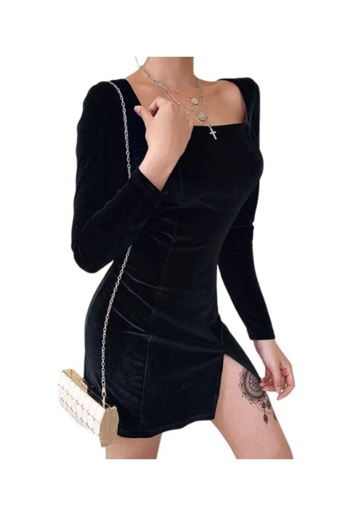 Banabu Kadın Siyah Yırtmaç Detaylı Kadife Elbise
