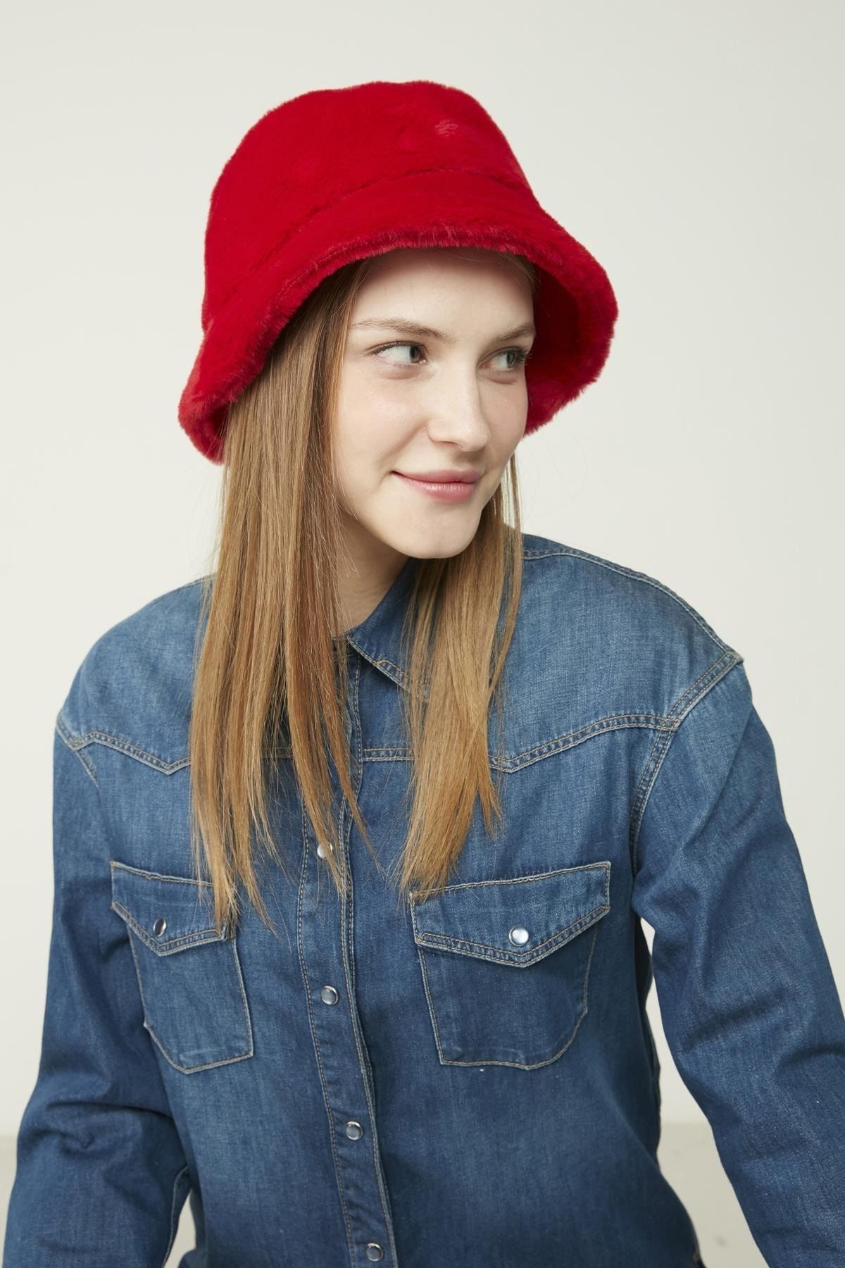 Axesoire 12839-1 Kırmızı Renk Peluş Bucket Şapka