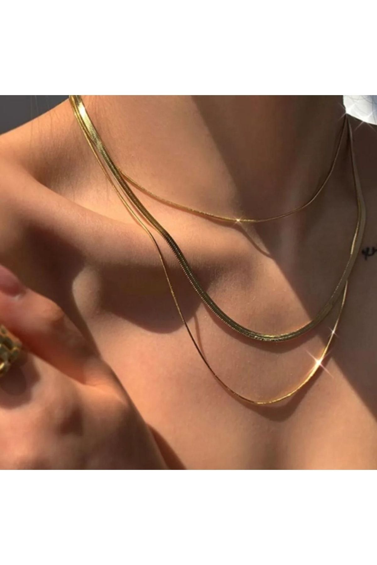 Jadenne İtalyan Ezme Snake 3 Lü Set Kadın Kolye Gold Çelik Üzeri Altın Kaplama 2 Sene Garanti Belgeli