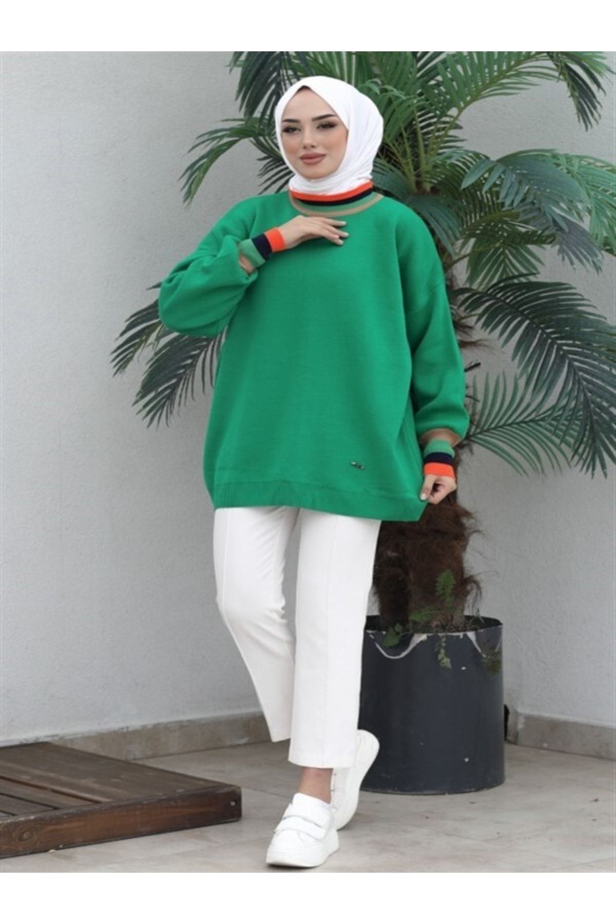 Elisa Tuhafiye ve cocuk giyim Yeşil Kadın Modest Balıkçı Yaka Balon Kol Tesettür Triko Tunik