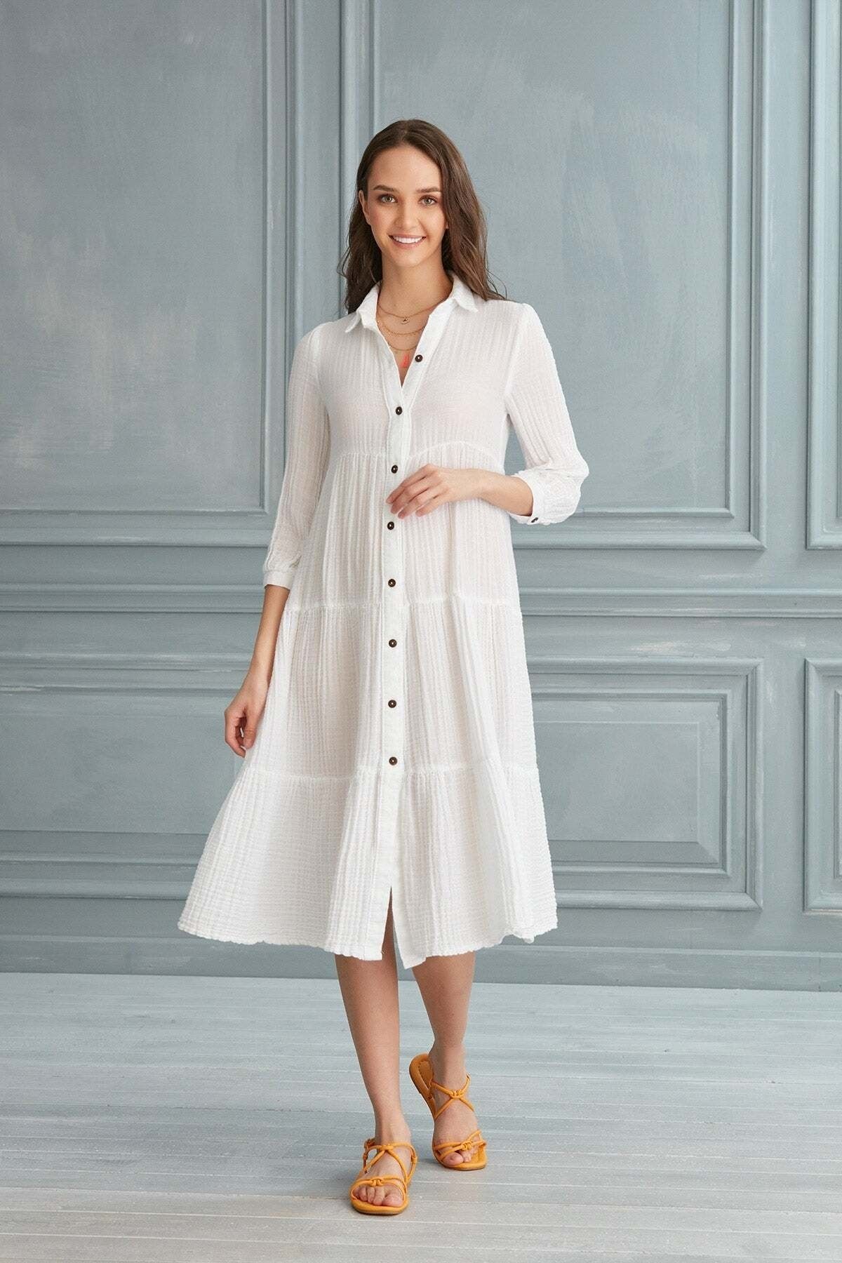 Begonville Maya Uzun Gömlek Elbise %100 Pamuk Müslin - Beyaz