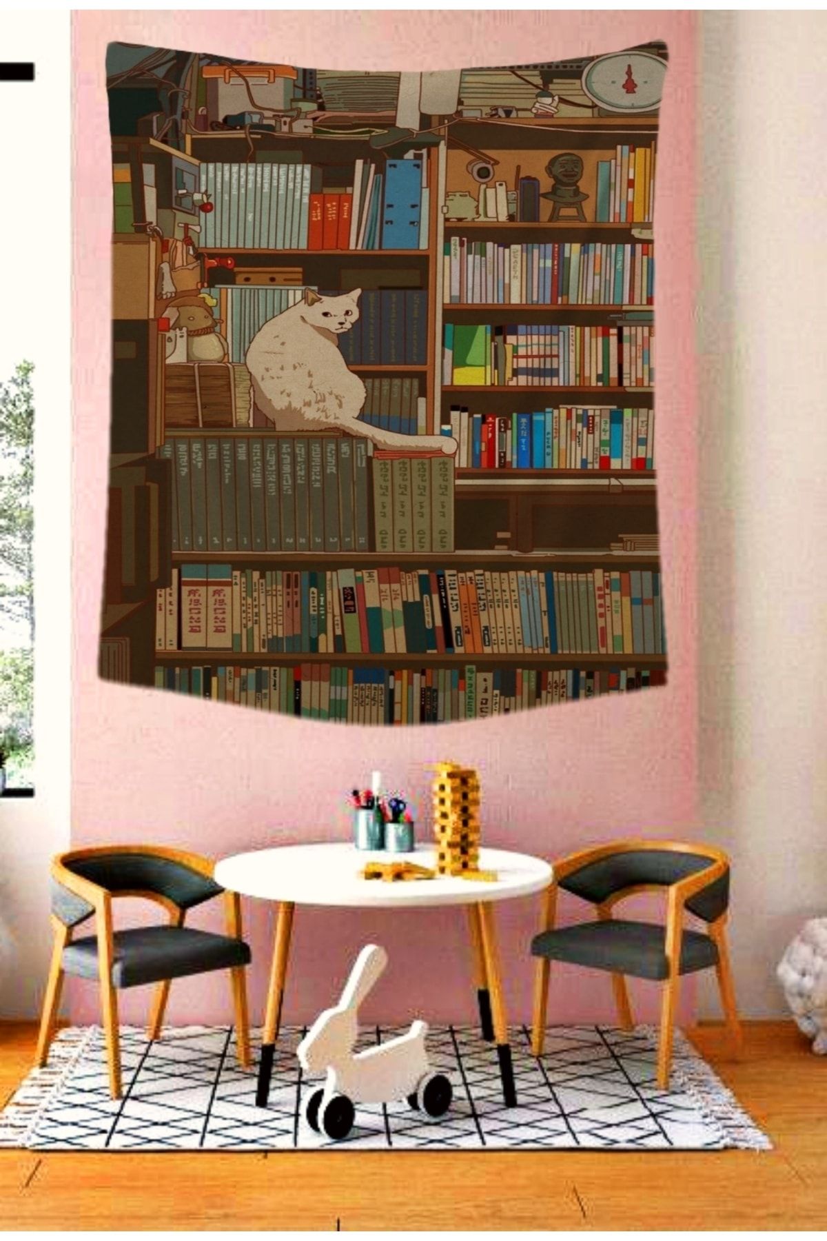 ALAMODECOR Kitaplıktaki Beyaz Kedi Hippi Model Duvar Örtüsü | Duvar Halısı | Tapestry |