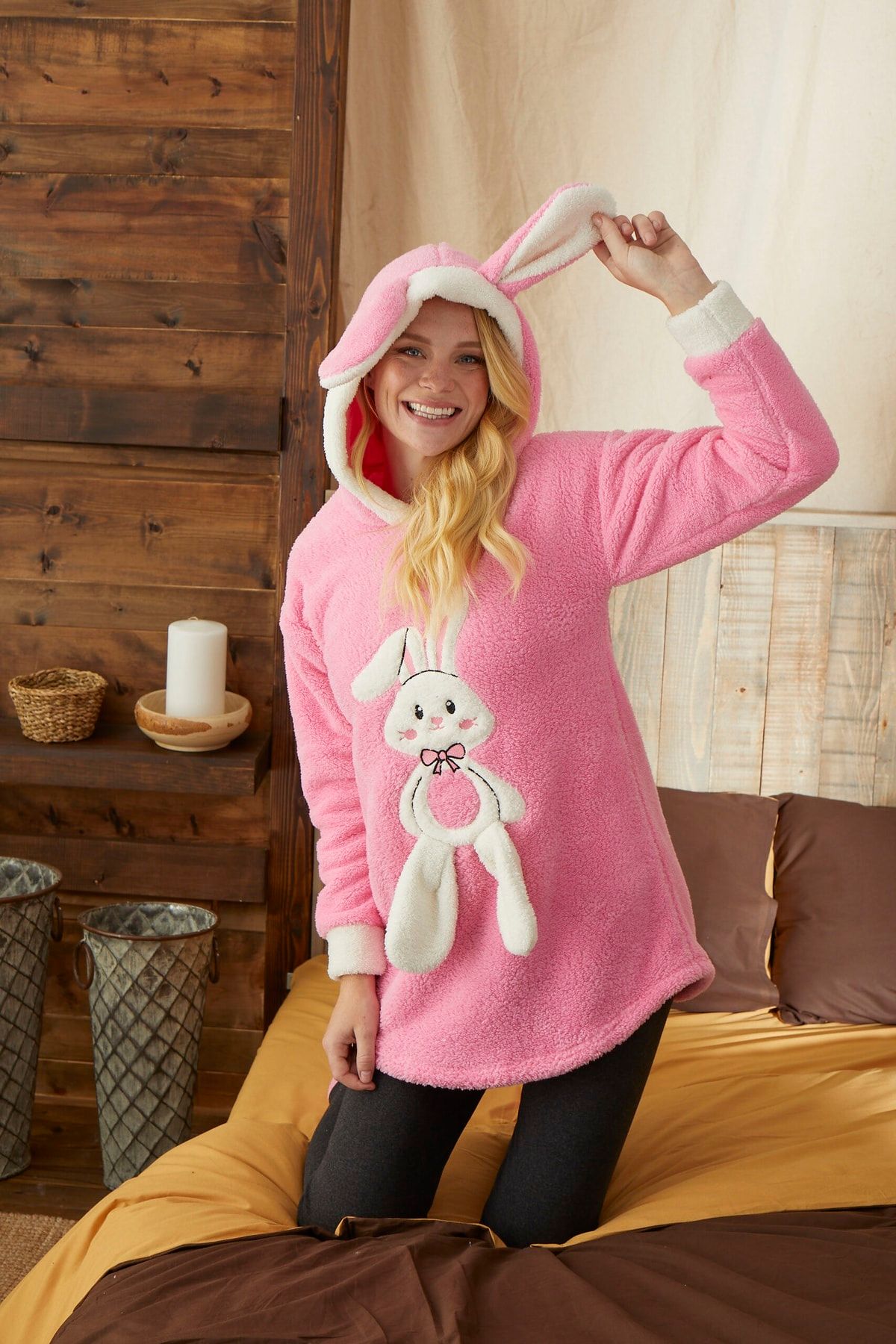pijamacity Kadın Pembe Kapşonlu Kışlık Welsoft Pijama Takımı