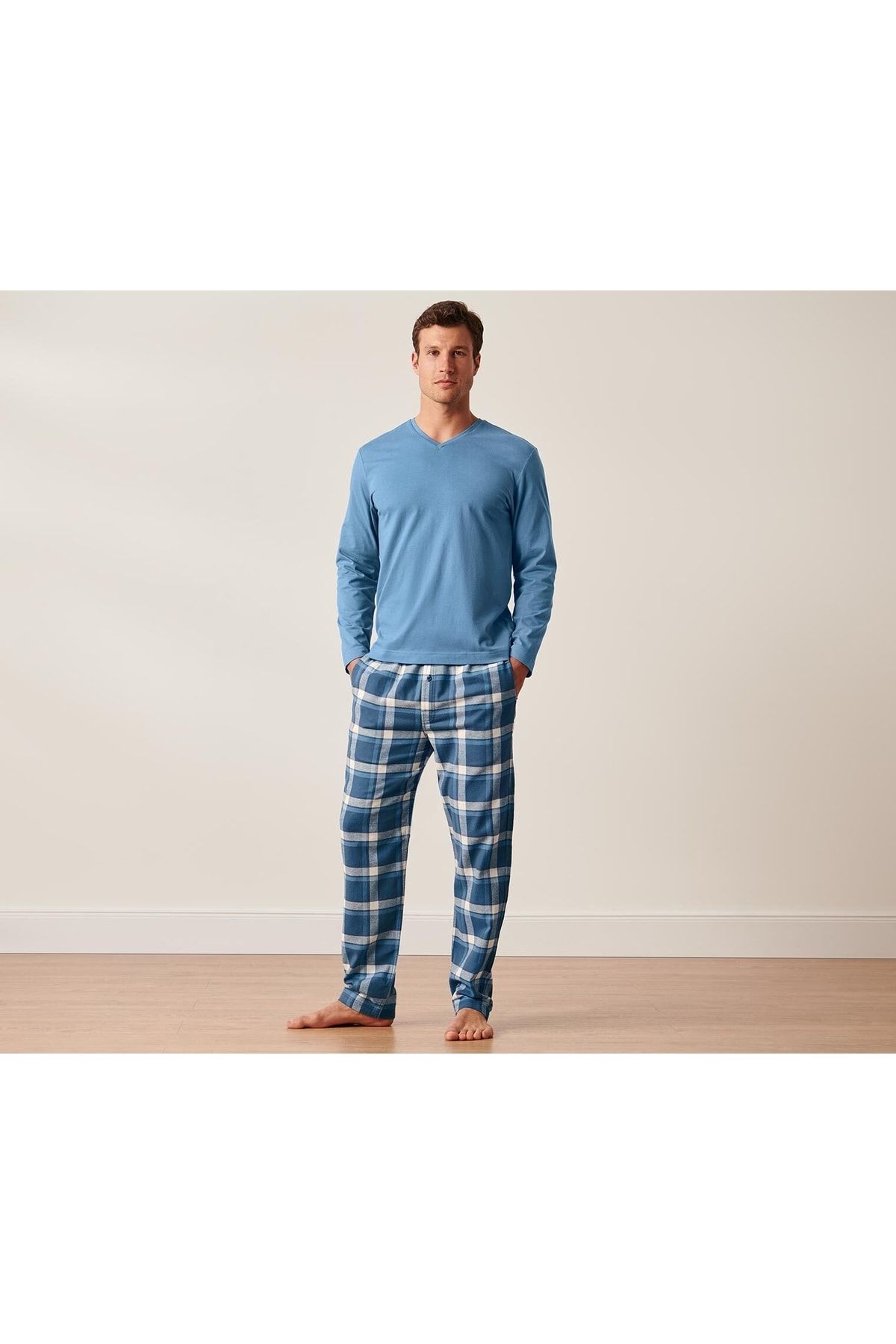 Tchibo Flanel Pijama Takımı, Mavi Kareli